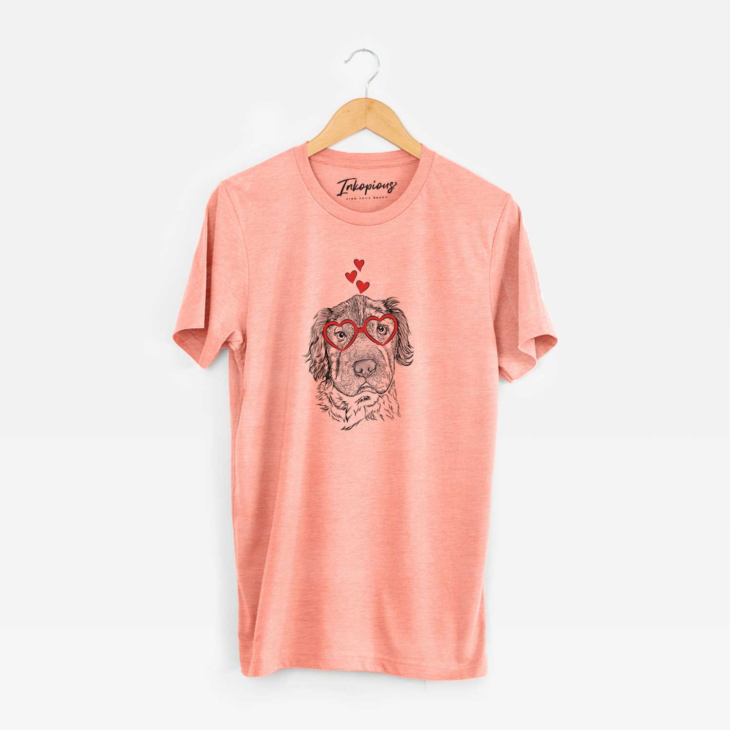 Hand-drawn sketch of Rex the Mini Hippo wearing heart-shaped glasses on a Sunset Unisex crewneck