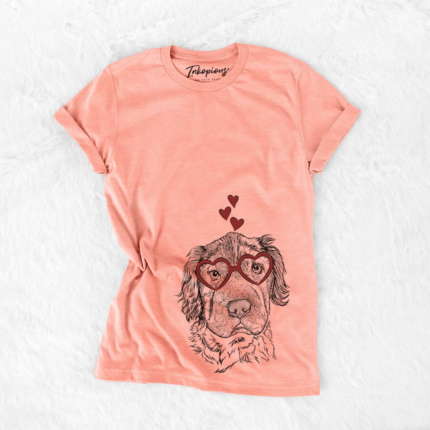 Hand-drawn sketch of Rex the Mini Hippo wearing heart-shaped glasses on a Sunset Bella Canvas Unisex Crewneck