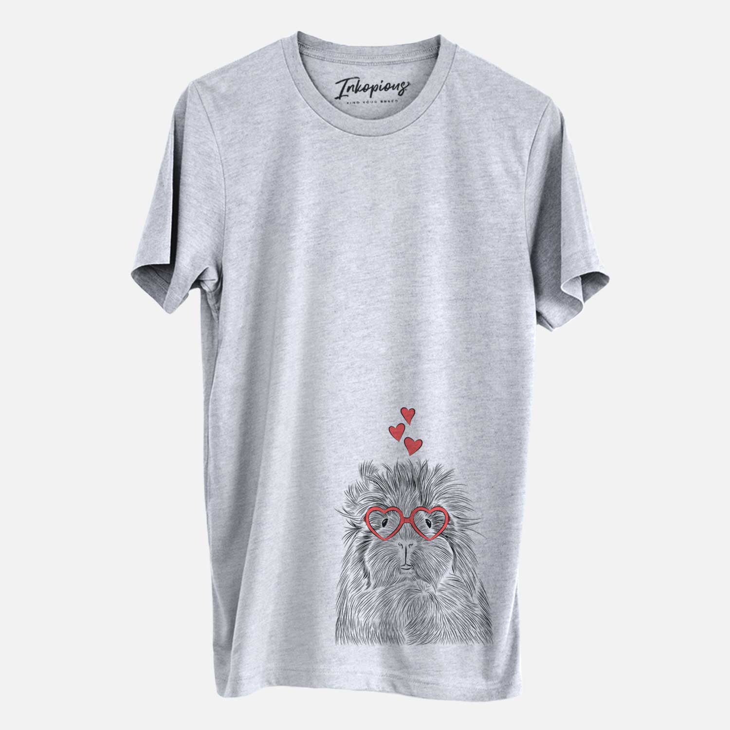 Hand-drawn sketch of Rhino the Guinea Pig wearing heart-shaped glasses on a Grey Unisex crewneck