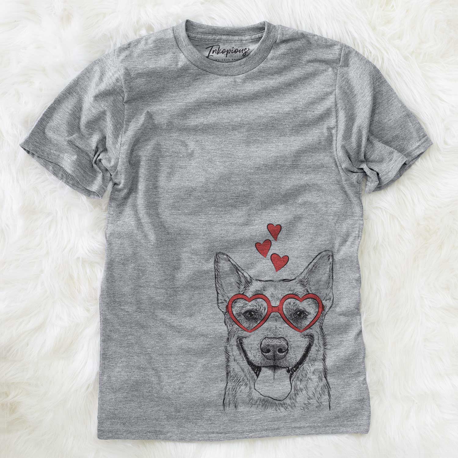 Hand-drawn sketch of Rio the Australian Cattle Dog wearing heart-shaped glasses on a Grey Unisex crewneck