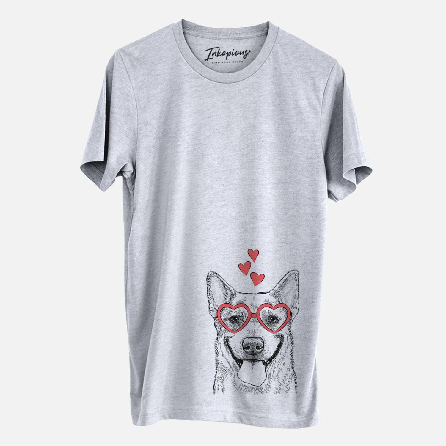 Hand-drawn sketch of Rio the Australian Cattle Dog wearing heart-shaped glasses on a Grey Unisex crewneck