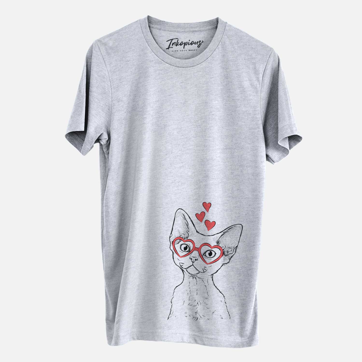 Hand-drawn sketch of Ripley the Devon Rex Cat wearing heart-shaped glasses on a Grey Unisex crewneck