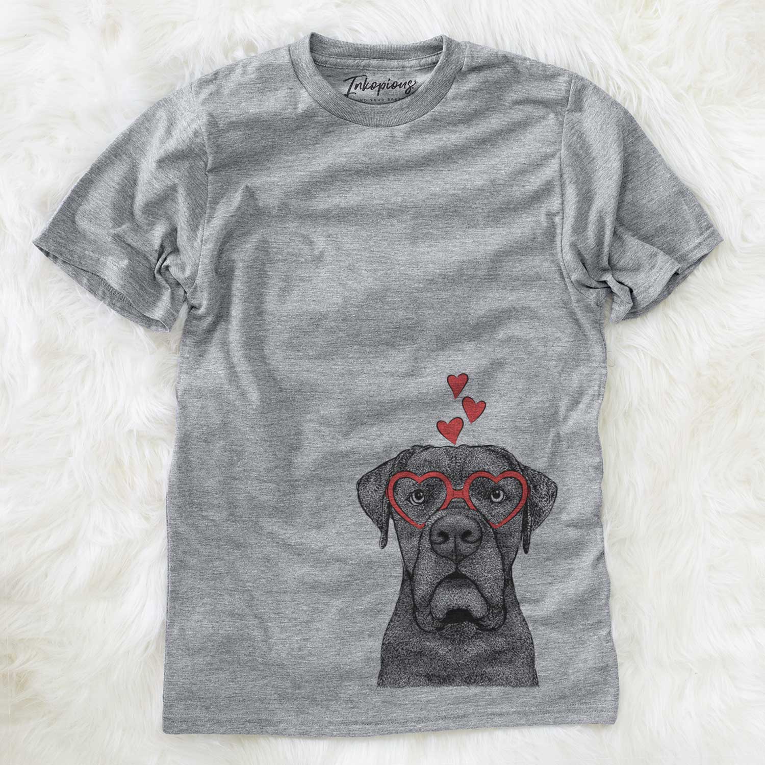 Hand-drawn sketch of Rocco the Cane Corso wearing heart-shaped glasses on a Grey Unisex crewneck