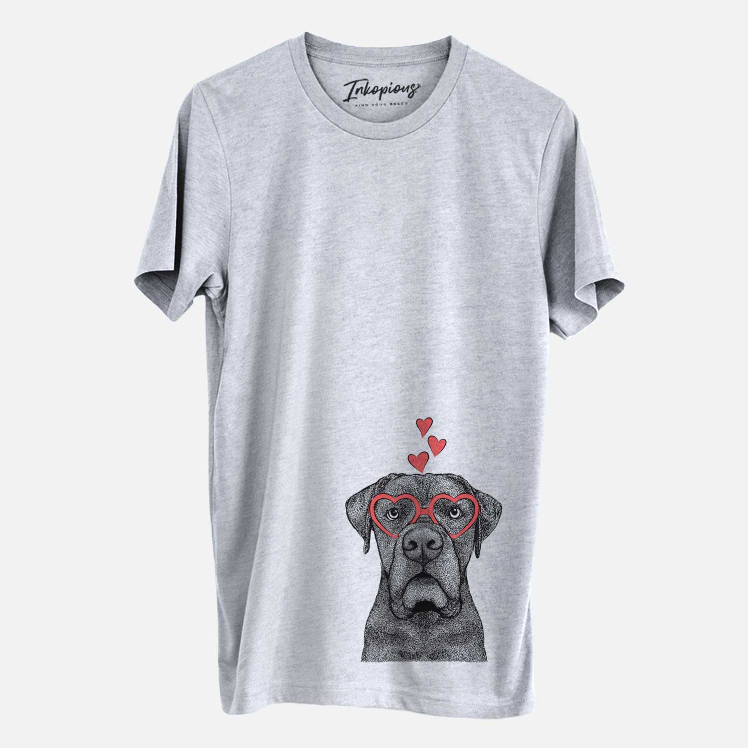 Hand-drawn sketch of Rocco the Cane Corso wearing heart-shaped glasses on a Grey Unisex crewneck