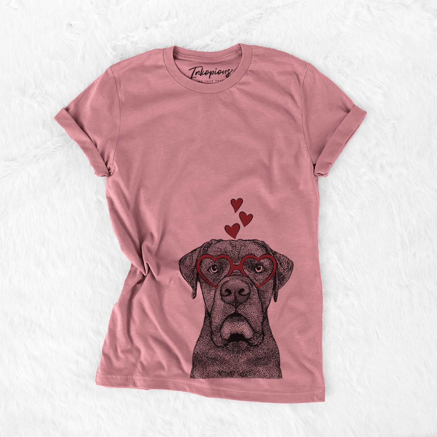Hand-drawn sketch of Rocco the Cane Corso wearing heart-shaped glasses on a Mauve Bella Canvas Unisex Crewneck