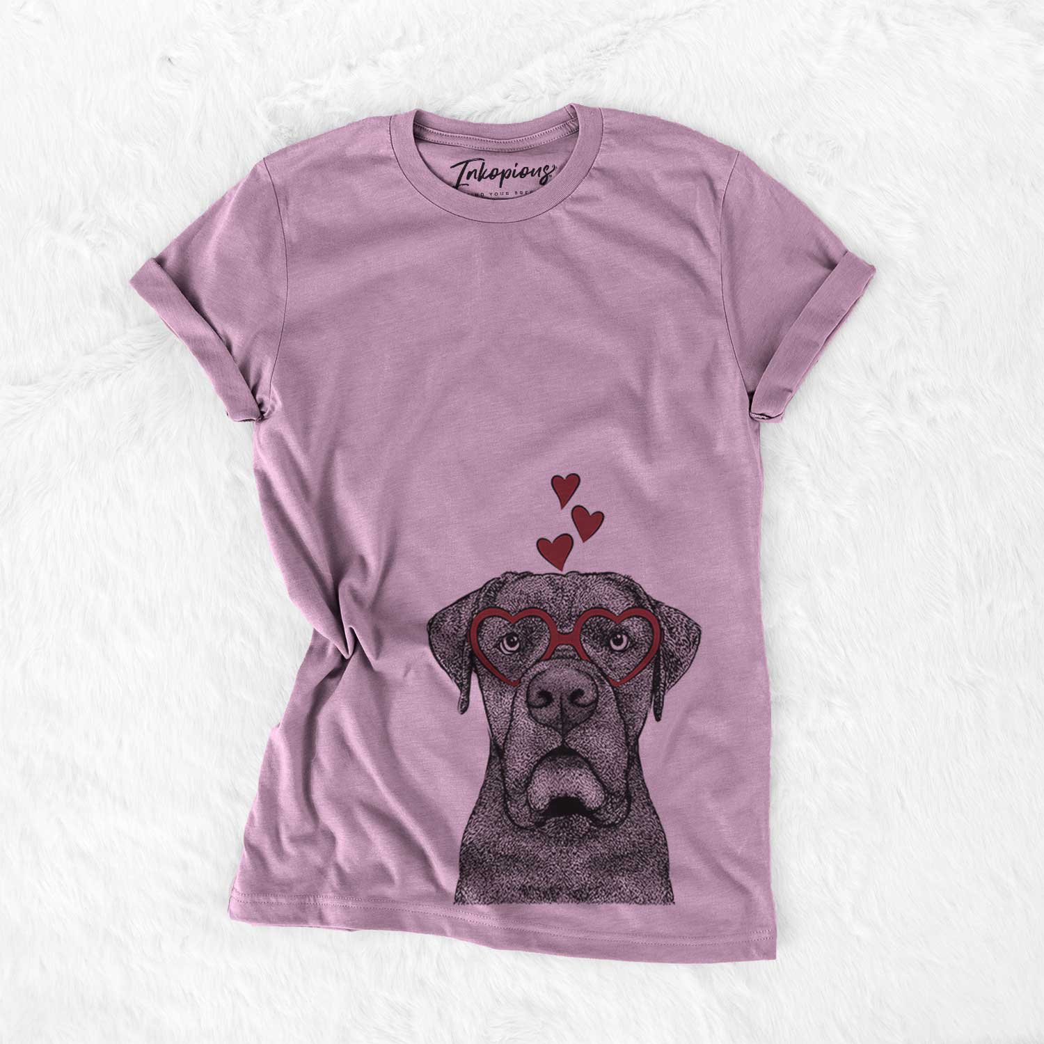 Hand-drawn sketch of Rocco the Cane Corso wearing heart-shaped glasses on an Orchid Bella Canvas Unisex Crewneck