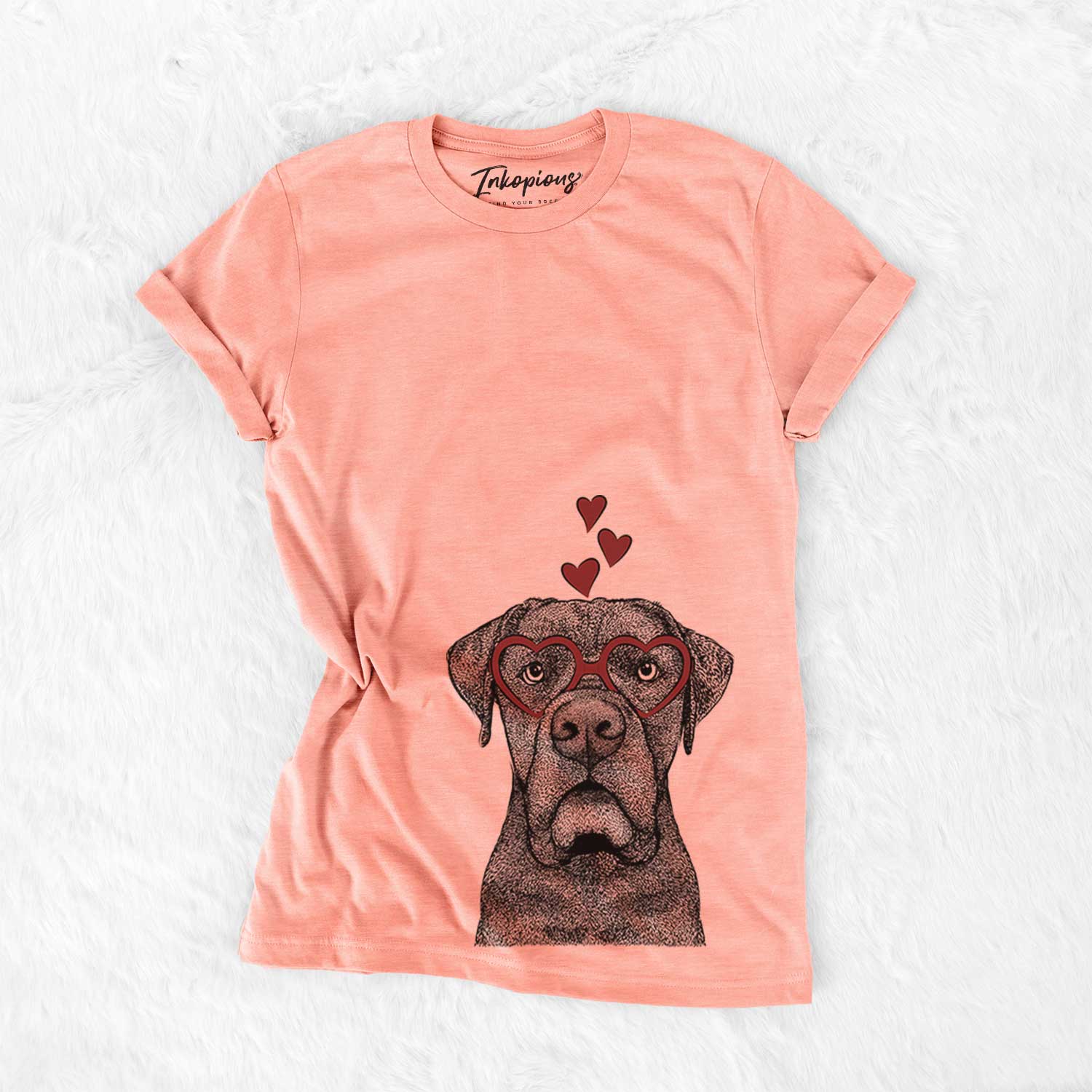 Hand-drawn sketch of Rocco the Cane Corso wearing heart-shaped glasses on a Sunset Bella Canvas Unisex Crewneck