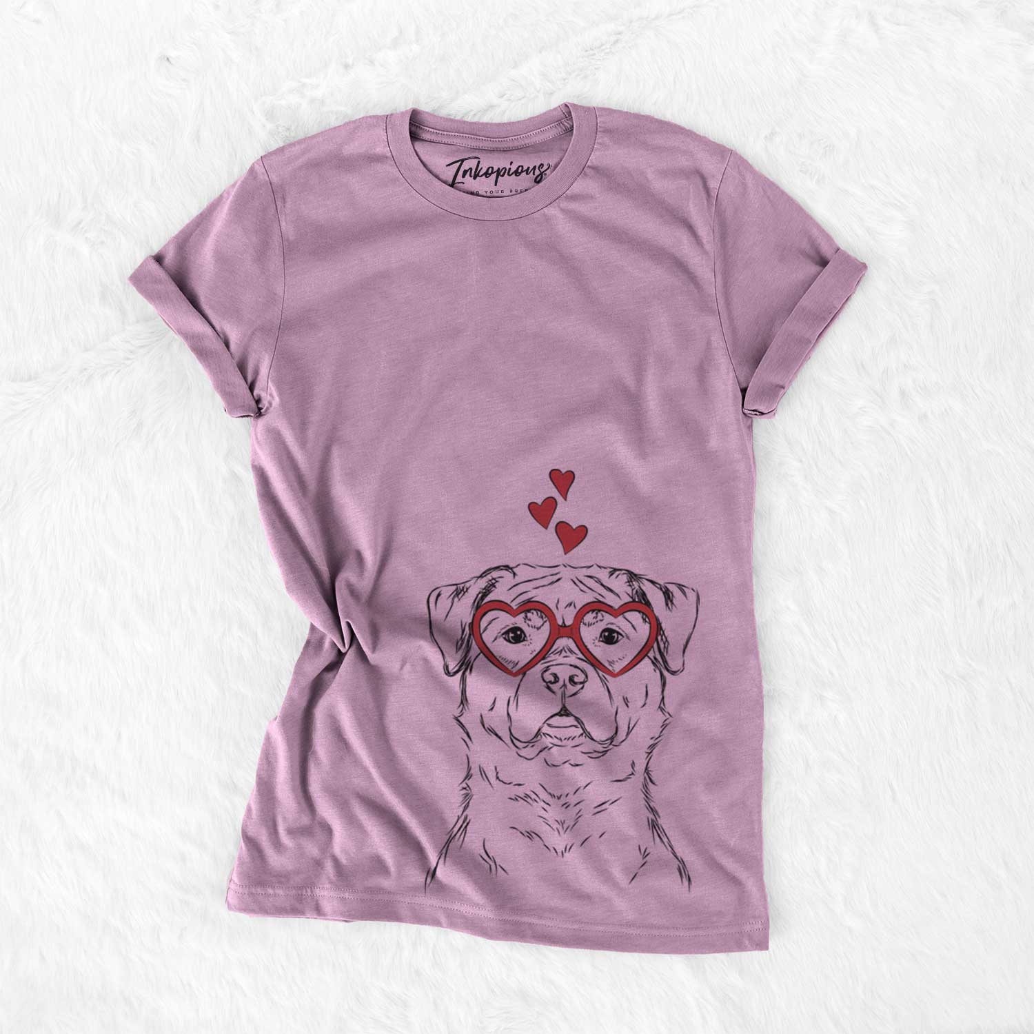 Hand-drawn sketch of Rocky the Rottweiler wearing heart-shaped glasses on an Orchid Bella Canvas Unisex Crewneck