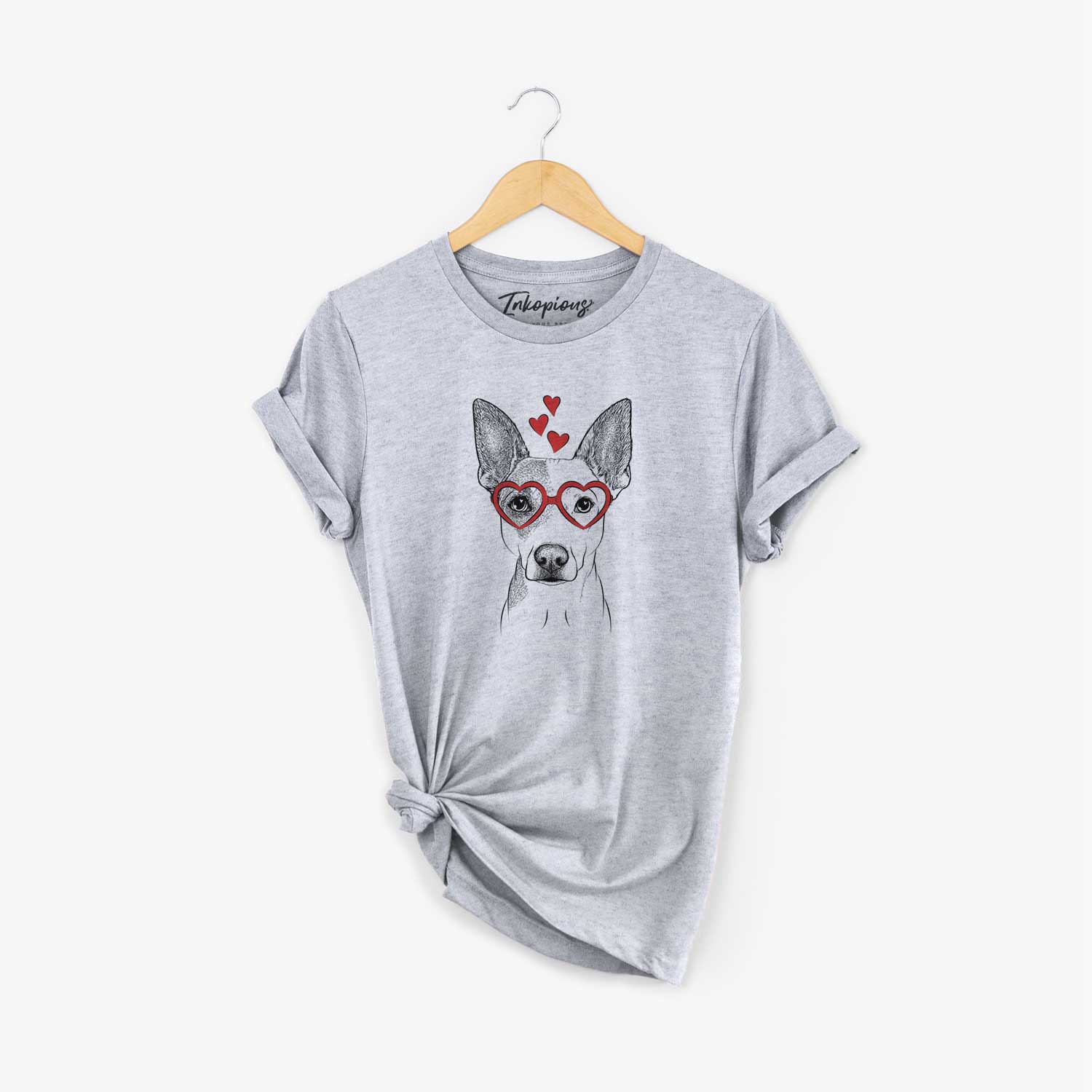 Hand-drawn sketch of Roo the Mixed Breed wearing heart-shaped glasses on a Grey Unisex crewneck