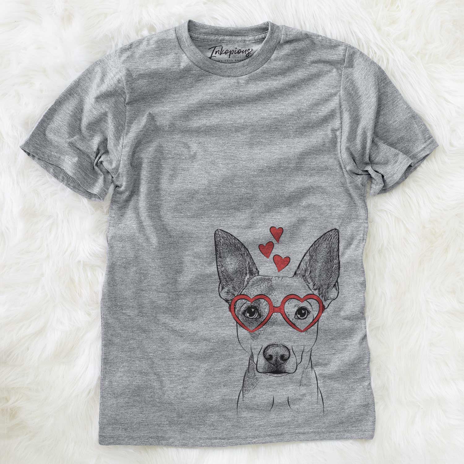 Hand-drawn sketch of Roo the Mixed Breed wearing heart-shaped glasses on a Grey Unisex crewneck