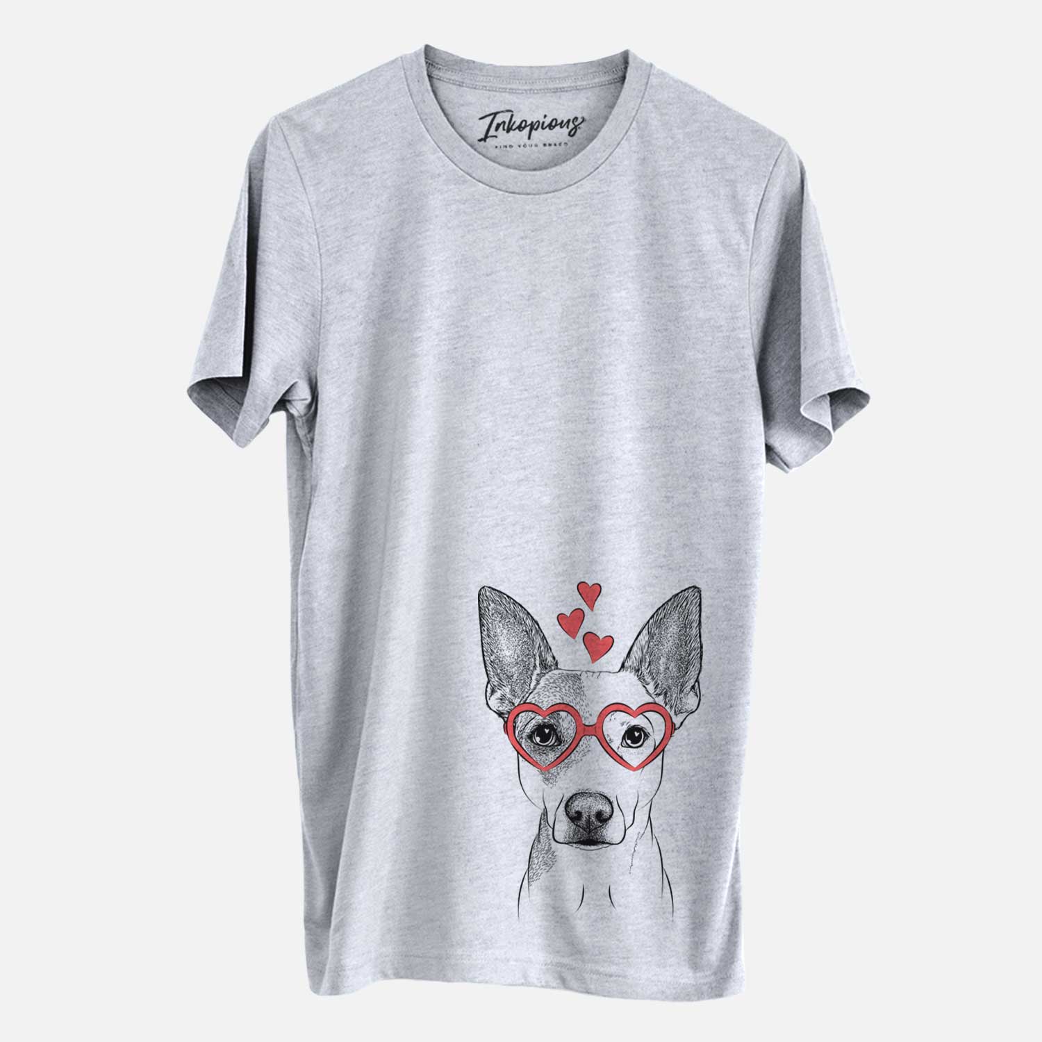 Hand-drawn sketch of Roo the Mixed Breed wearing heart-shaped glasses on a Grey Unisex crewneck