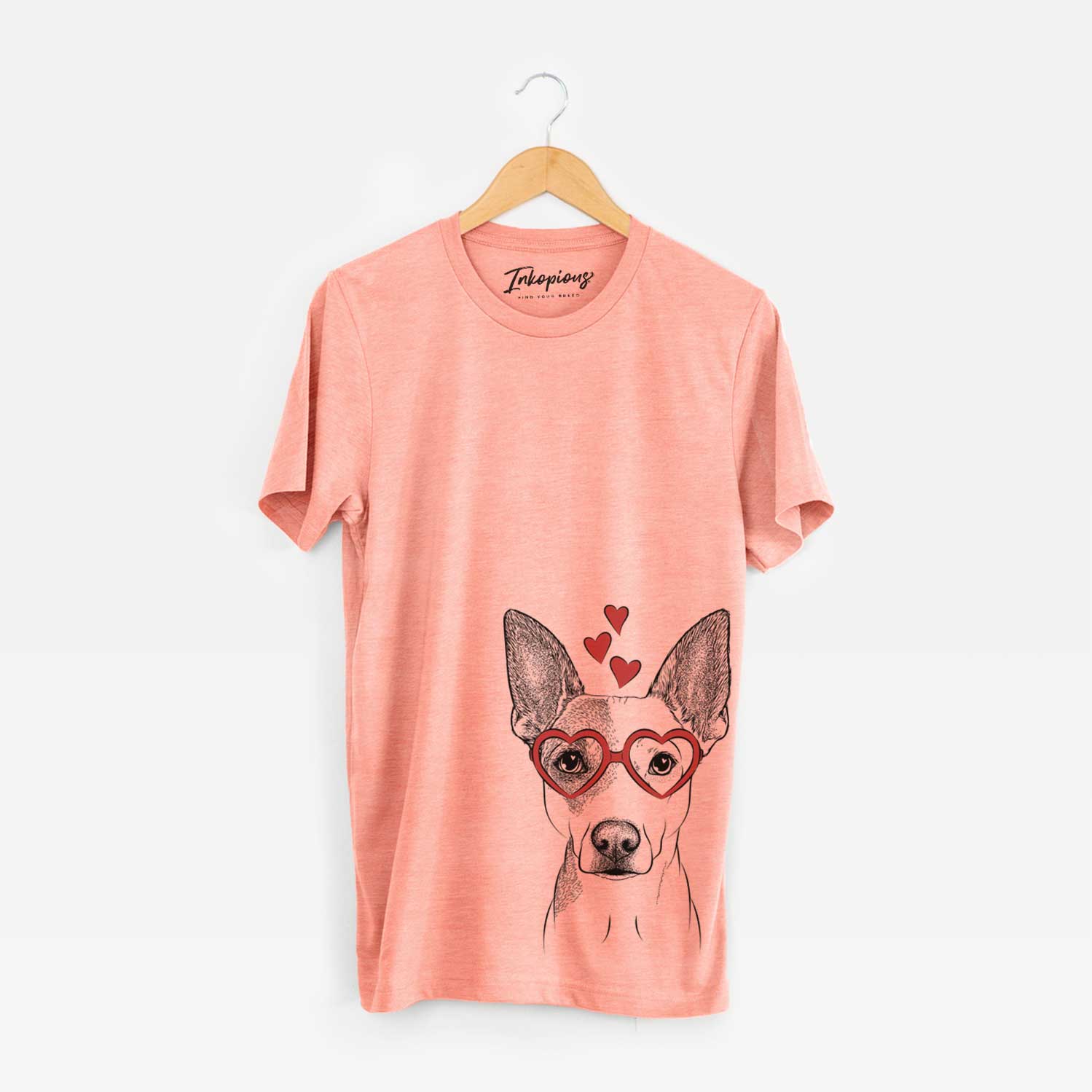 Hand-drawn sketch of Roo the Mixed Breed wearing heart-shaped glasses on a Sunset Unisex crewneck