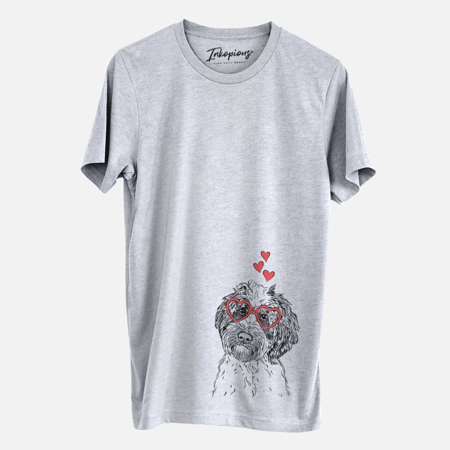 Hand-drawn sketch of Rooney the Aussiedoodle wearing heart-shaped glasses on a Grey Unisex crewneck