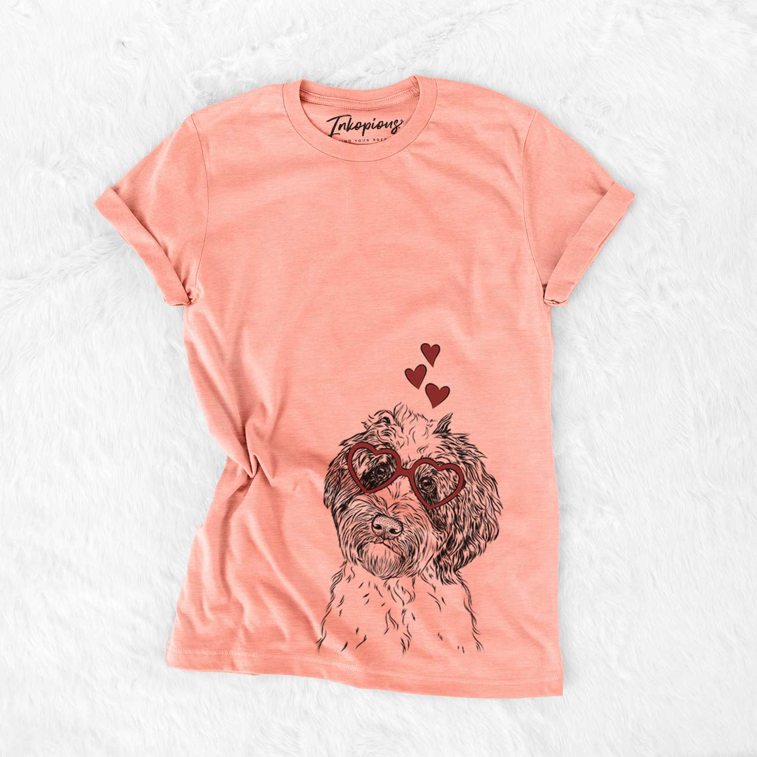 Hand-drawn sketch of Rooney the Aussiedoodle wearing heart-shaped glasses on a Sunset Bella Canvas Unisex Crewneck