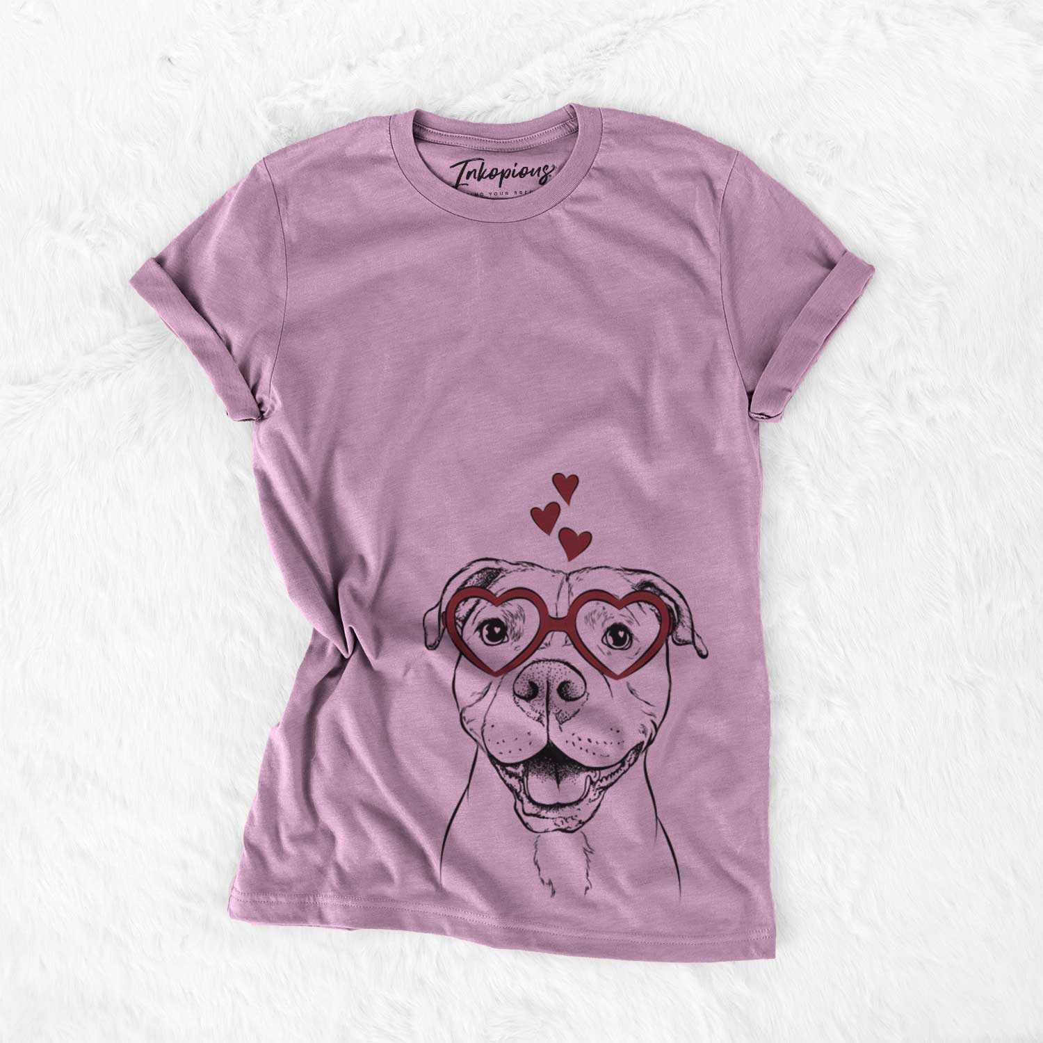Hand-drawn sketch of Roscoe the Pitbull wearing heart-shaped glasses on an Orchid Bella Canvas Unisex Crewneck