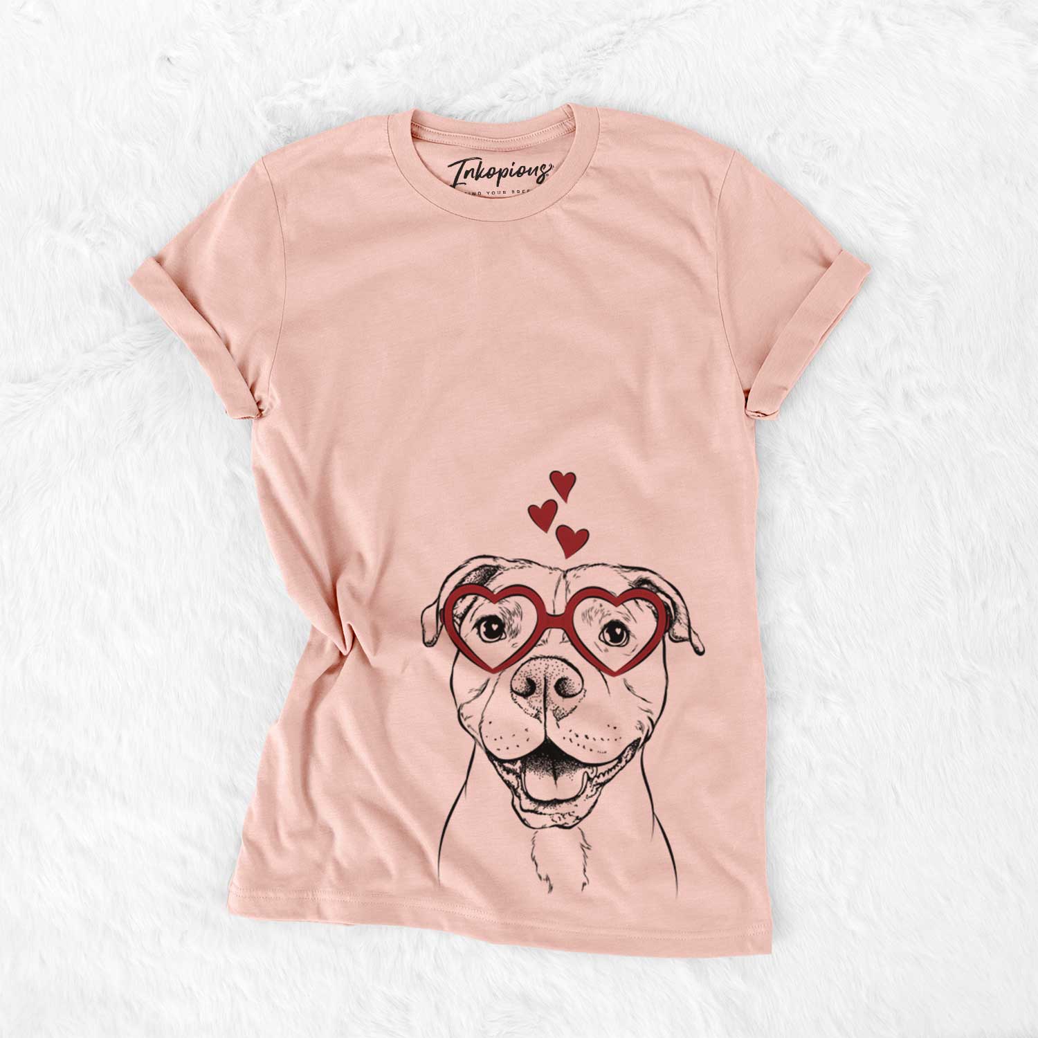 Hand-drawn sketch of Roscoe the Pitbull wearing heart-shaped glasses on a Peach Bella Canvas Unisex Crewneck