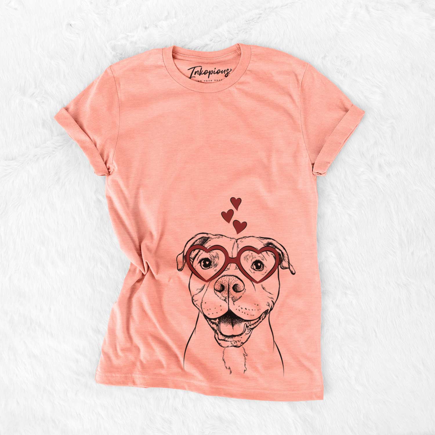 Hand-drawn sketch of Roscoe the Pitbull wearing heart-shaped glasses on a Sunset Bella Canvas Unisex Crewneck