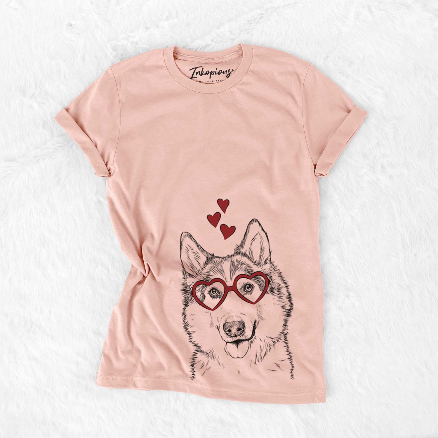 Hand-drawn sketch of Roshi the Mixed Breed wearing heart-shaped glasses on a Peach Bella Canvas Unisex Crewneck