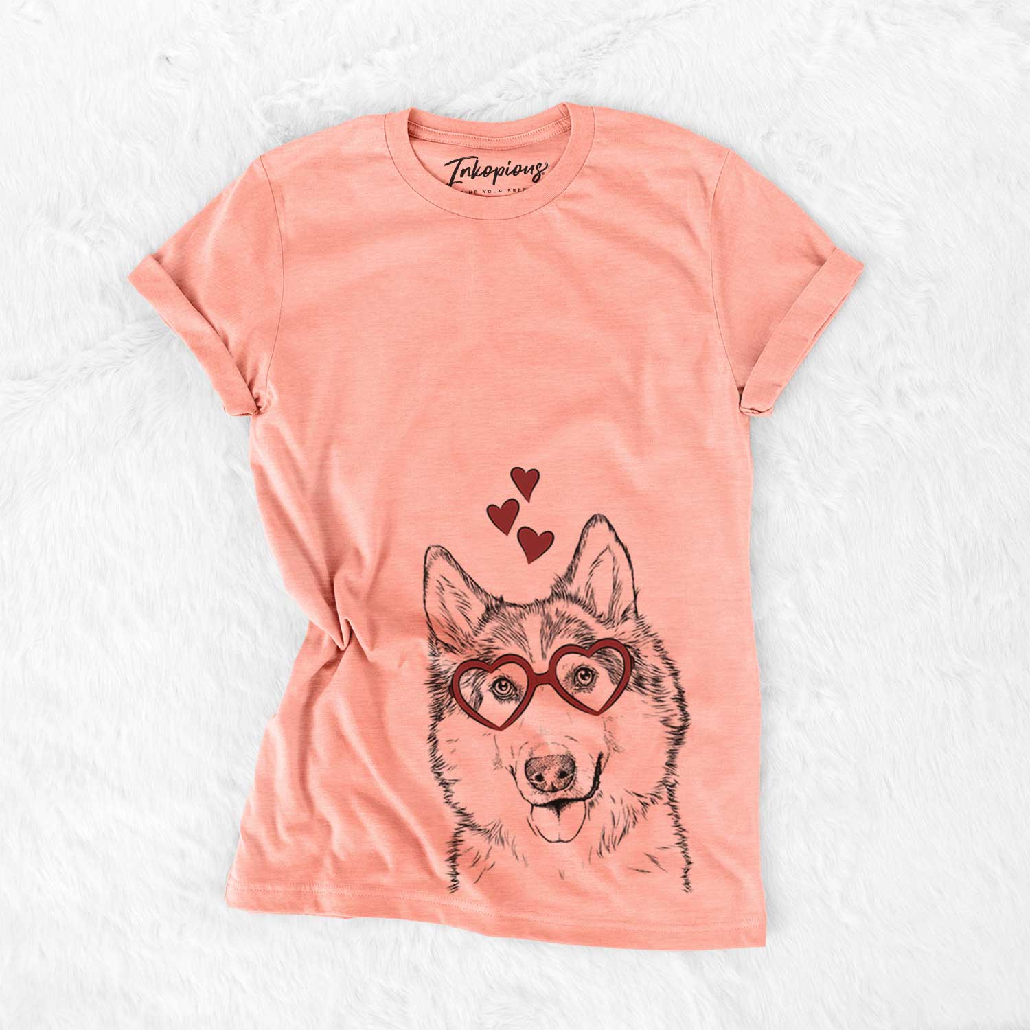 Hand-drawn sketch of Roshi the Mixed Breed wearing heart-shaped glasses on a Sunset Bella Canvas Unisex Crewneck