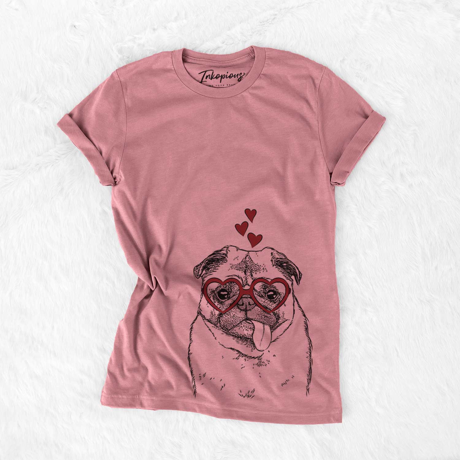 Hand-drawn sketch of Rosie the Pug wearing heart-shaped glasses on a Mauve Bella Canvas Unisex Crewneck