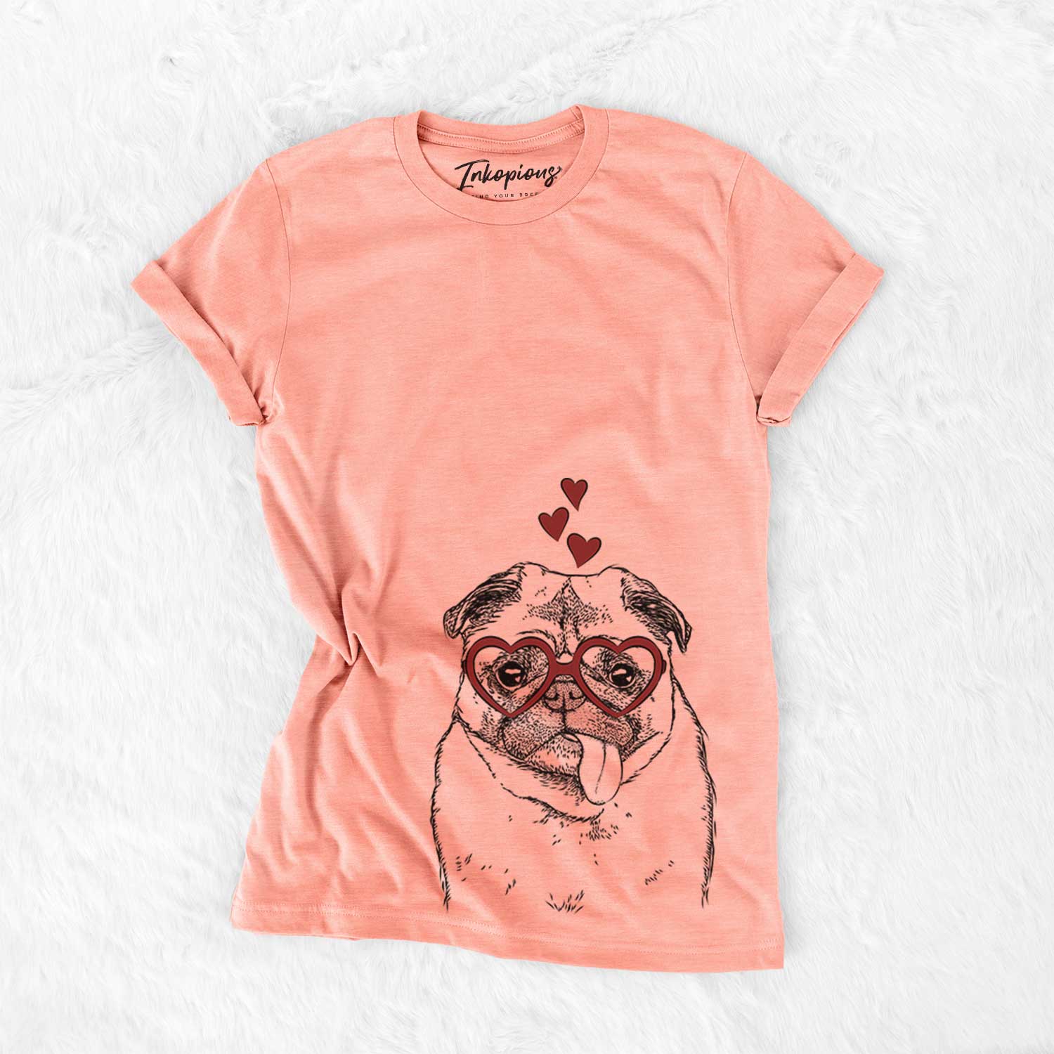 Hand-drawn sketch of Rosie the Pug wearing heart-shaped glasses on a Sunset Bella Canvas Unisex Crewneck