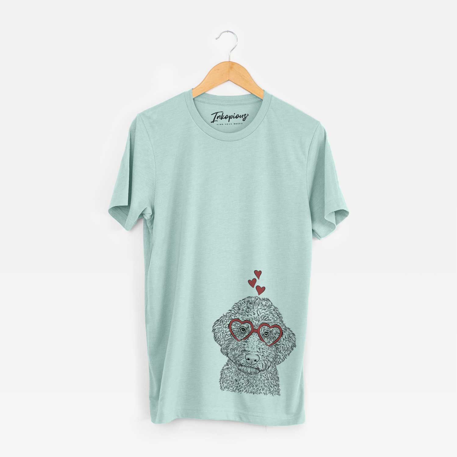 Hand-drawn sketch of Ross the Lagotto Romagnolo wearing heart-shaped glasses on a Heather Sage Bella Canvas Unisex Crewneck