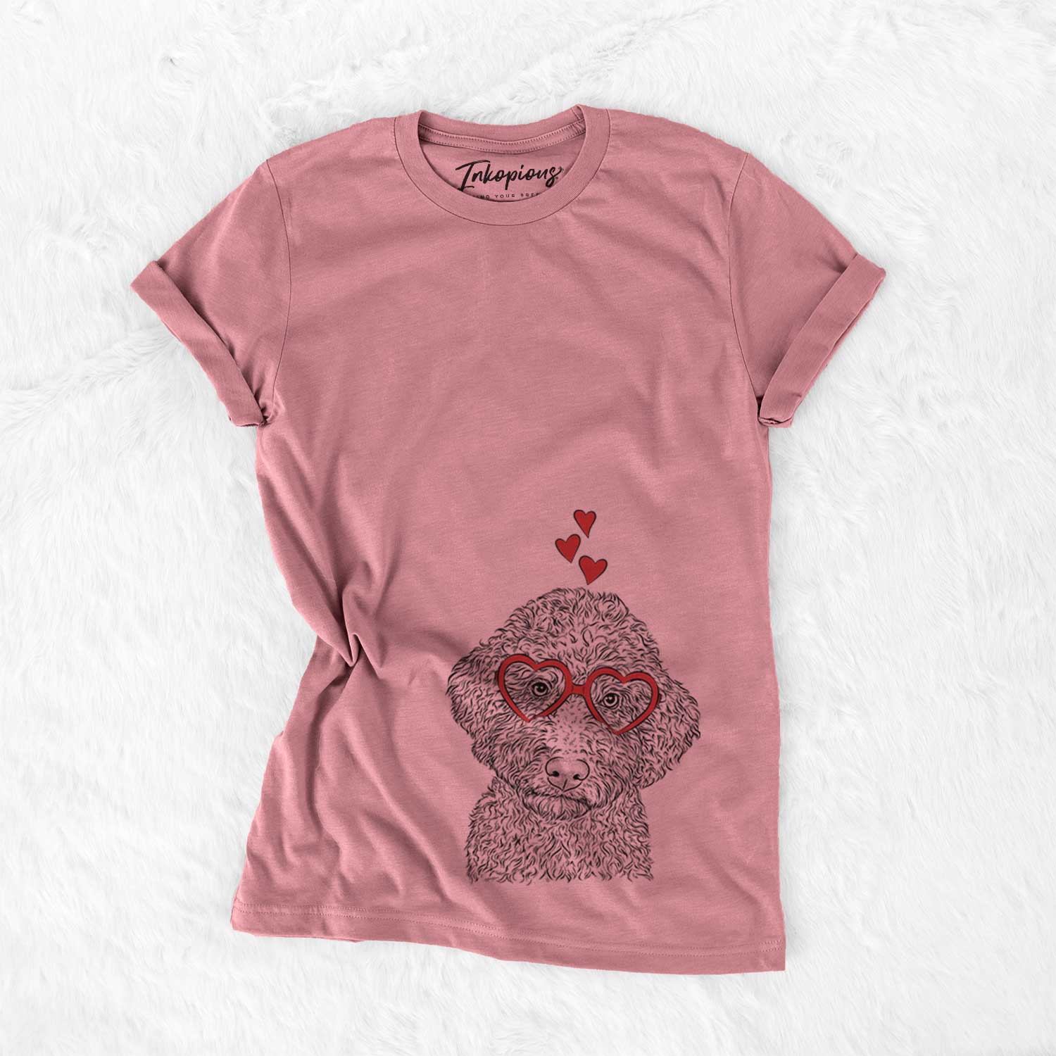Hand-drawn sketch of Ross the Lagotto Romagnolo wearing heart-shaped glasses on a Mauve Bella Canvas Unisex Crewneck