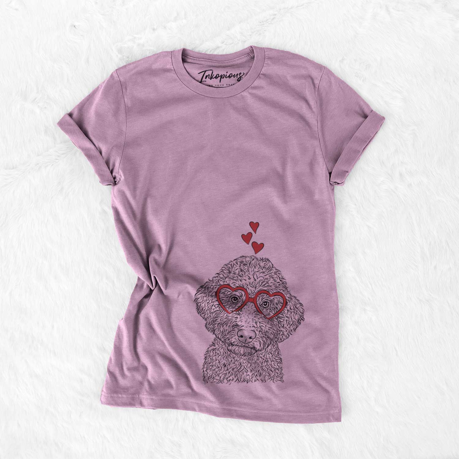 Hand-drawn sketch of Ross the Lagotto Romagnolo wearing heart-shaped glasses on an Orchid Bella Canvas Unisex Crewneck