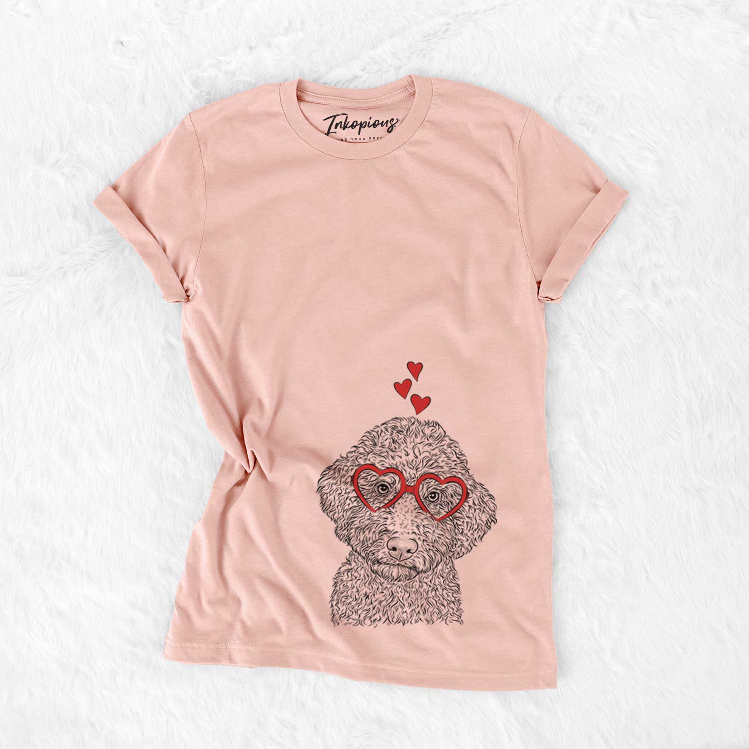 Hand-drawn sketch of Ross the Lagotto Romagnolo wearing heart-shaped glasses on a Peach Bella Canvas Unisex Crewneck