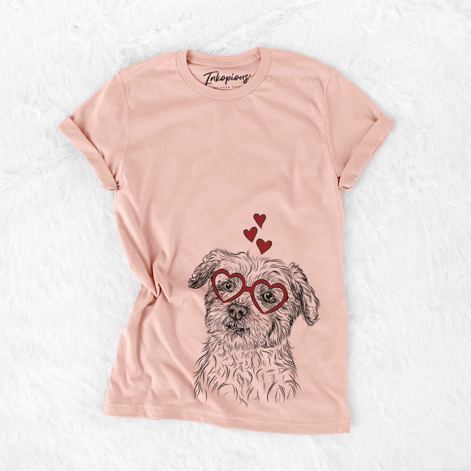 Hand-drawn sketch of Roxie the Schnauzer Shih Tzu Mix wearing heart-shaped glasses on a Peach Bella Canvas Unisex Crewneck