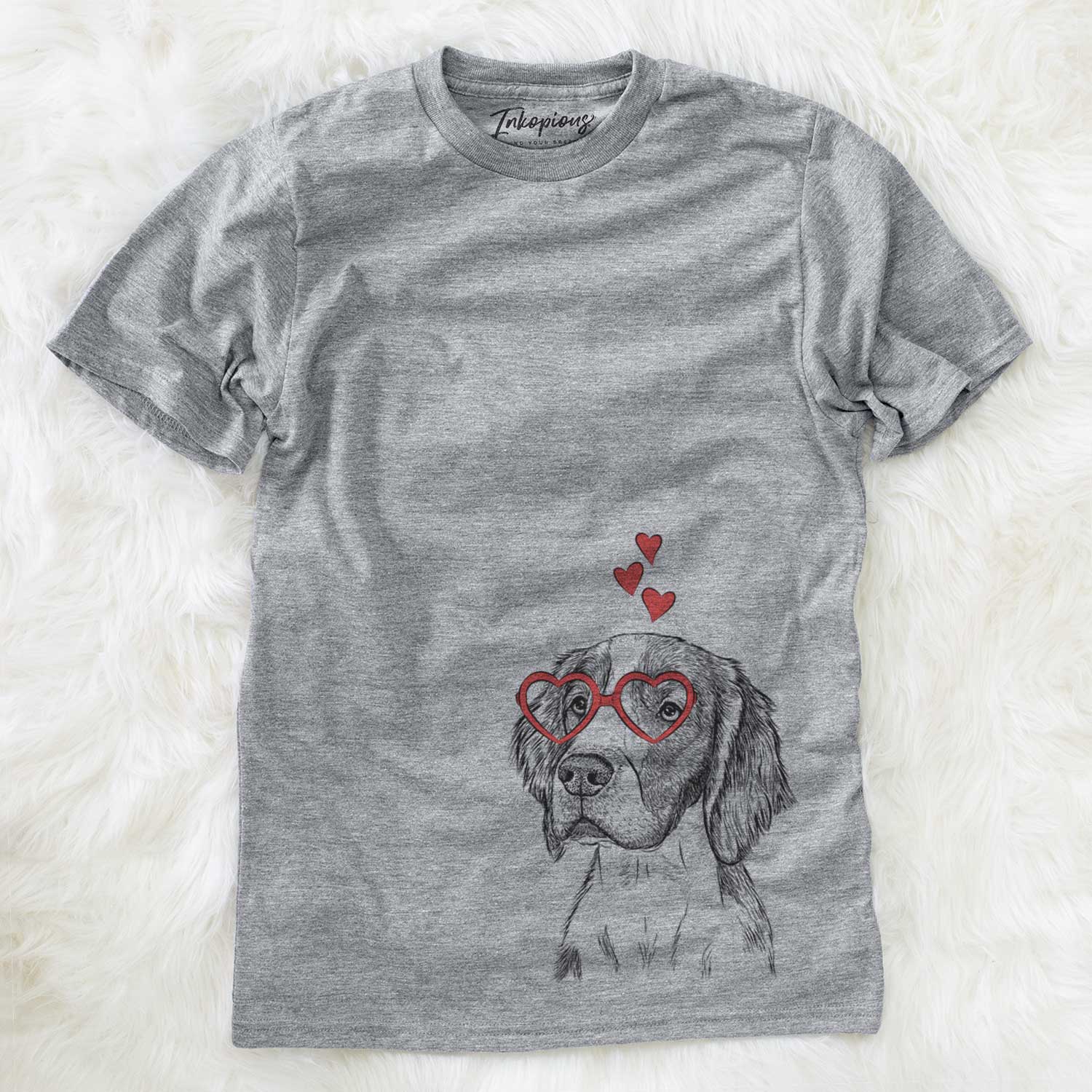 Hand-drawn sketch of Roxy the Welsh Springer Spaniel wearing heart-shaped glasses on a Grey Unisex crewneck