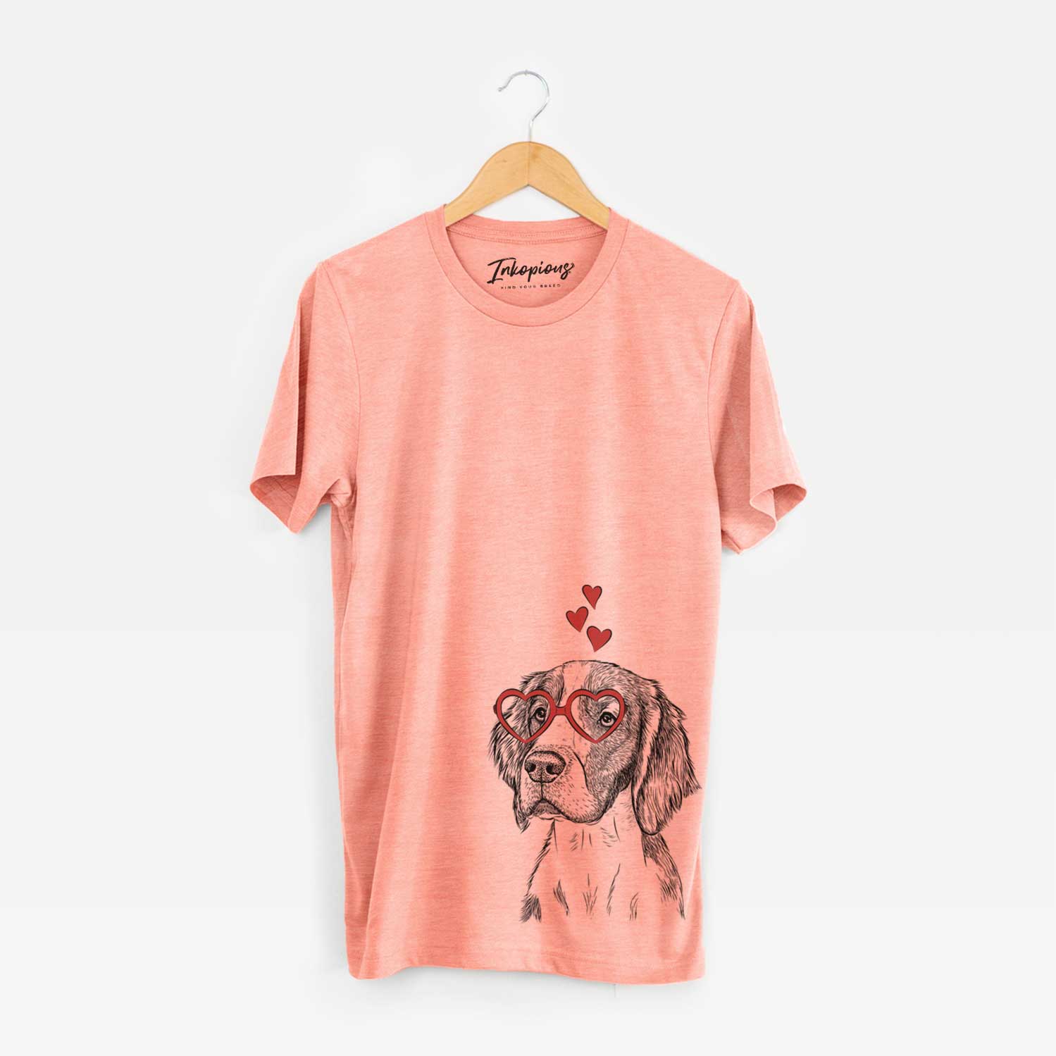 Hand-drawn sketch of Roxy the Welsh Springer Spaniel wearing heart-shaped glasses on a Sunset Unisex crewneck