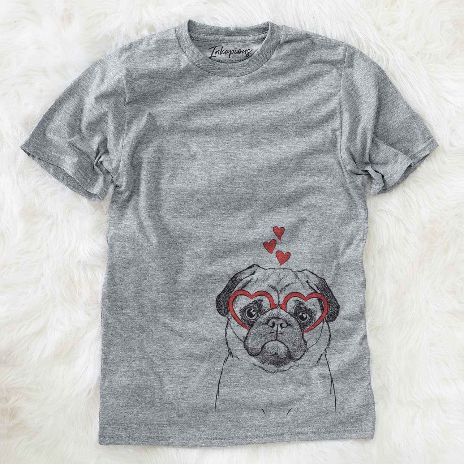 Hand-drawn sketch of Ruby the Pug wearing heart-shaped glasses on a Grey Unisex crewneck