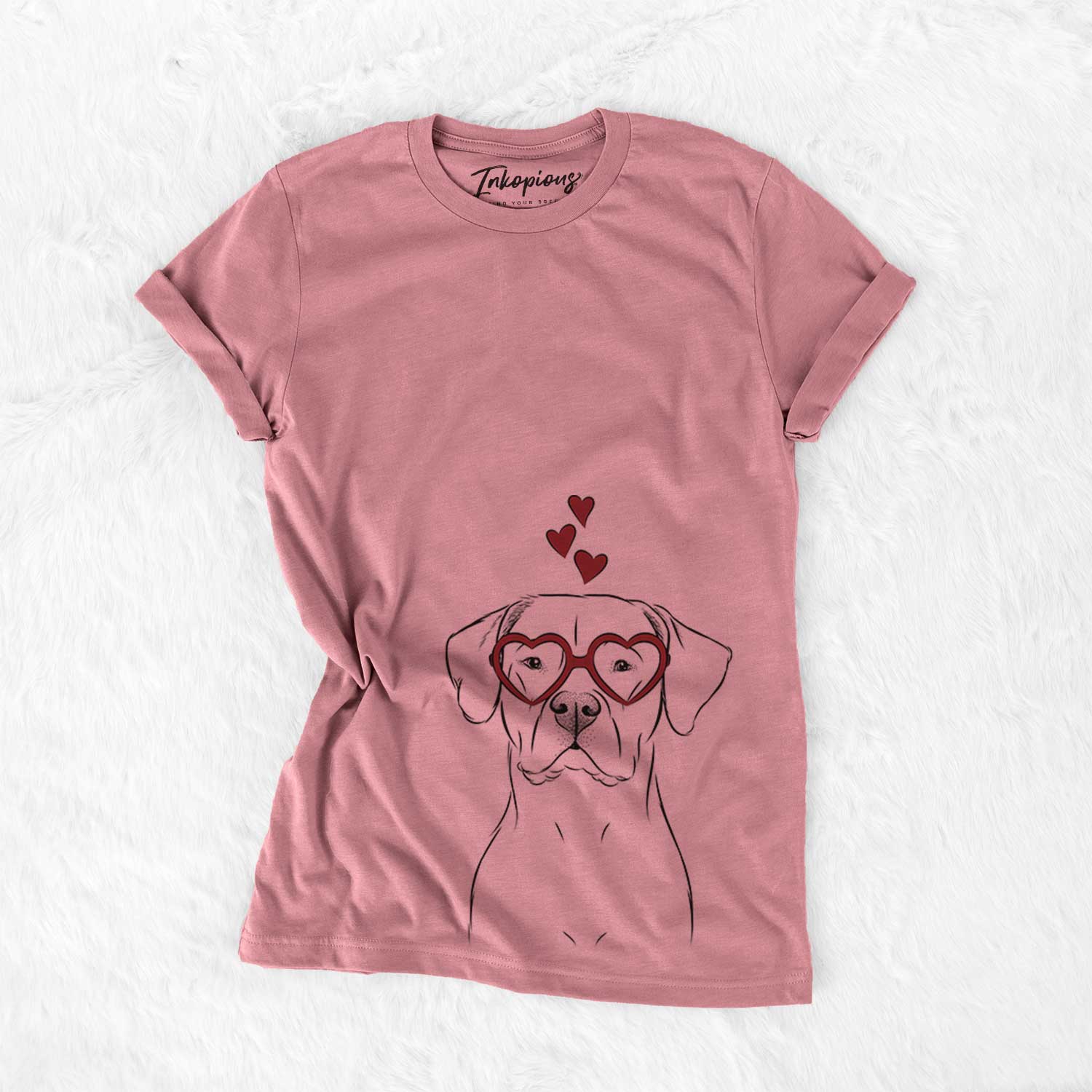 Hand-drawn sketch of Rufio the Dogo Argentino wearing heart-shaped glasses on a Mauve Bella Canvas Unisex Crewneck