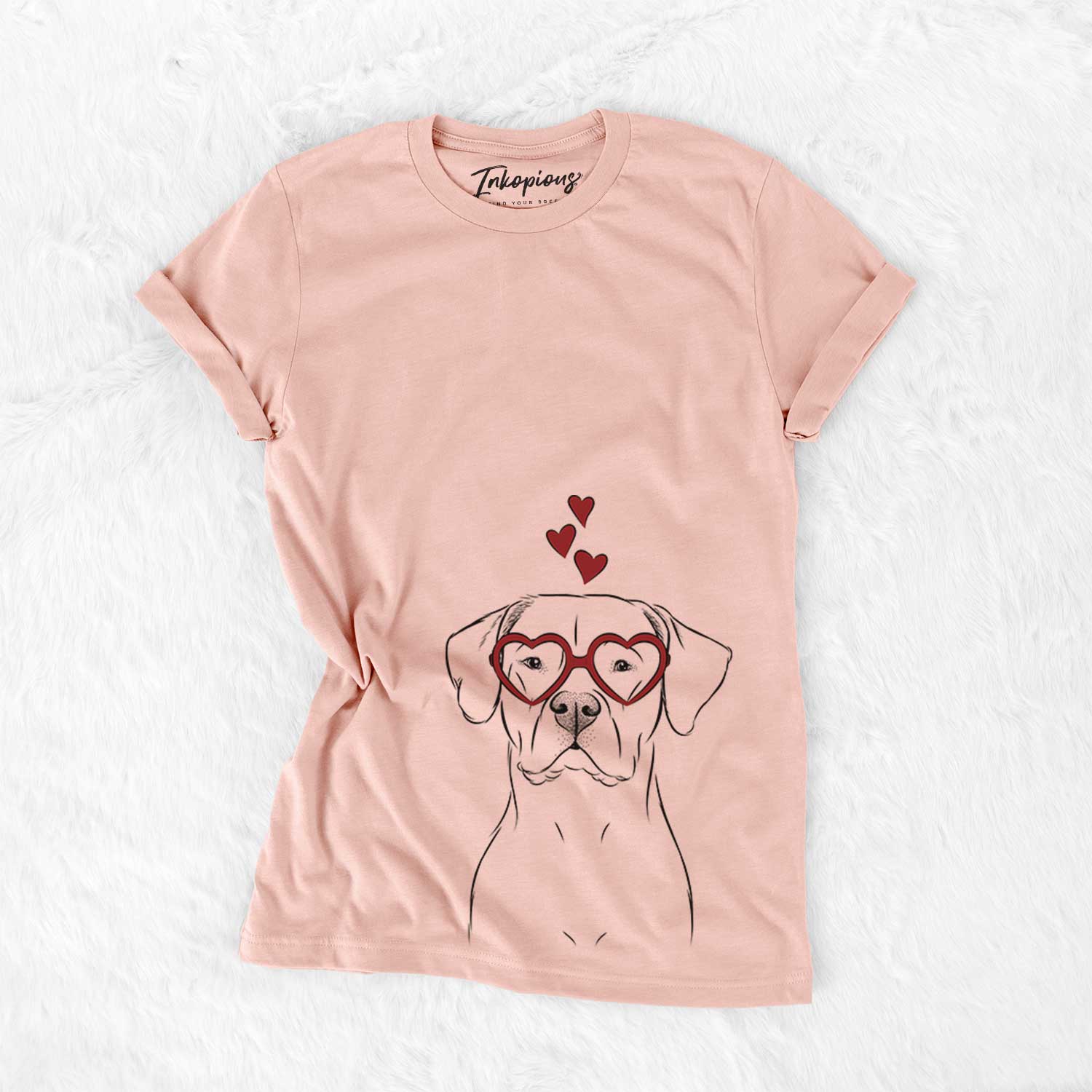 Hand-drawn sketch of Rufio the Dogo Argentino wearing heart-shaped glasses on a Peach Bella Canvas Unisex Crewneck