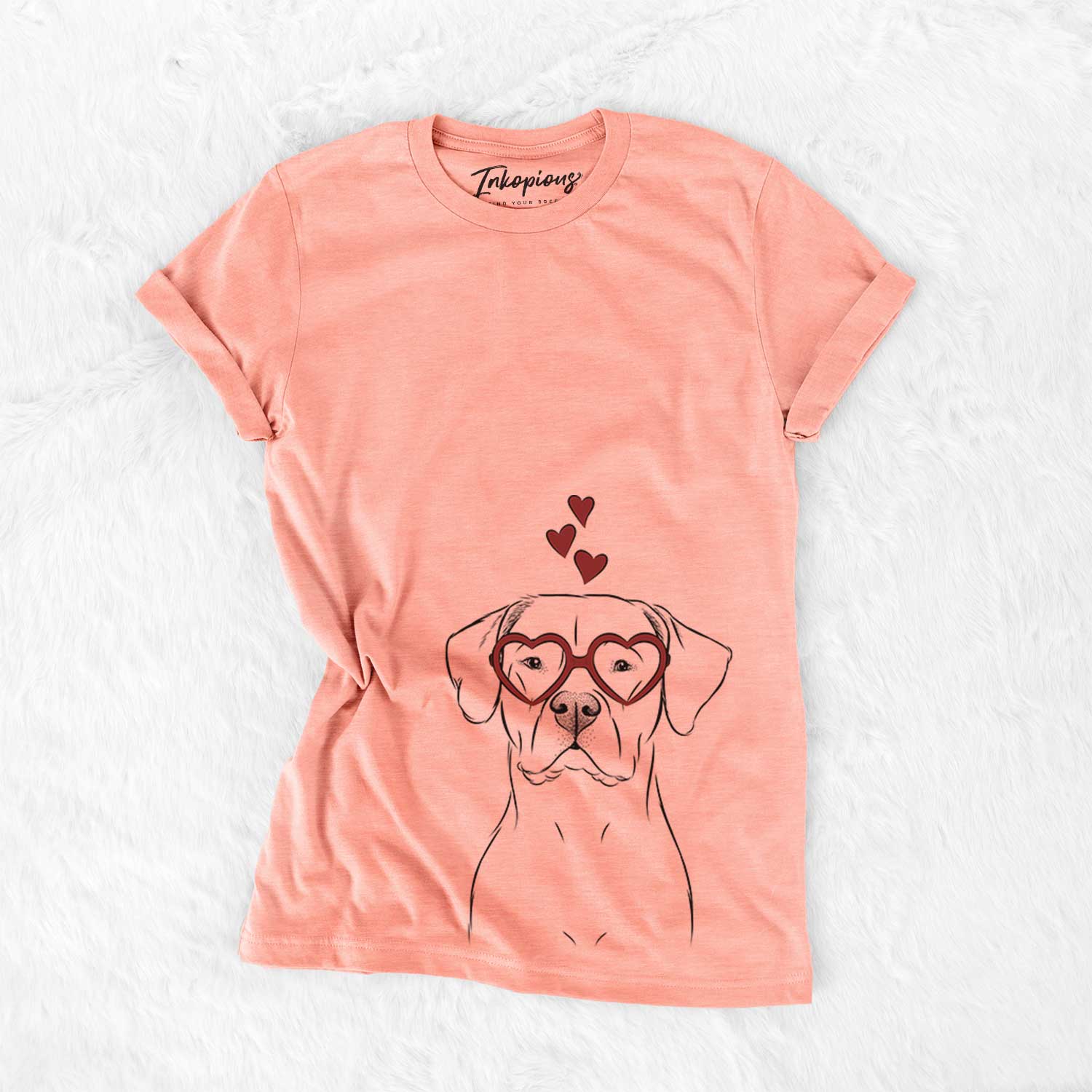 Hand-drawn sketch of Rufio the Dogo Argentino wearing heart-shaped glasses on a Sunset Bella Canvas Unisex Crewneck