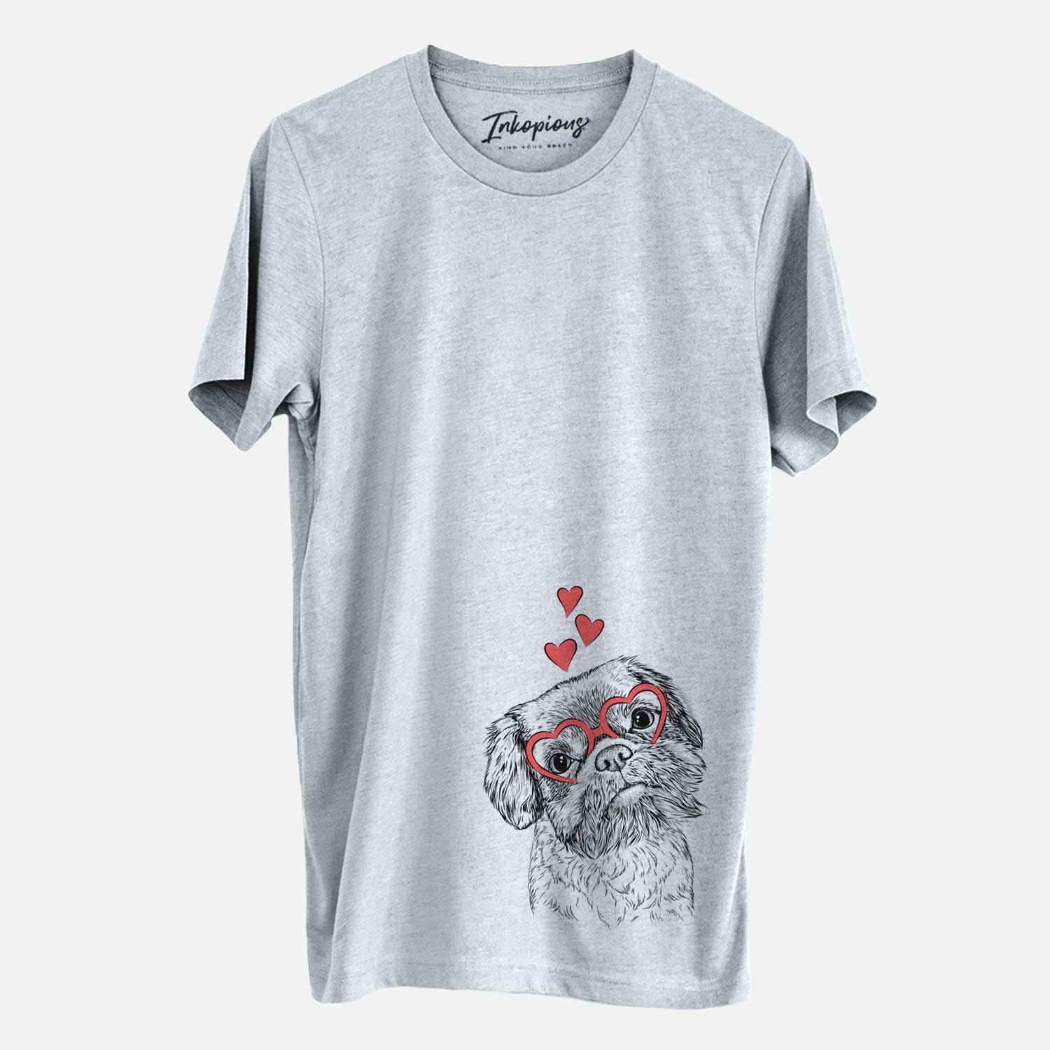 Hand-drawn sketch of Rufus the Shiffon wearing heart-shaped glasses on a Grey Unisex crewneck