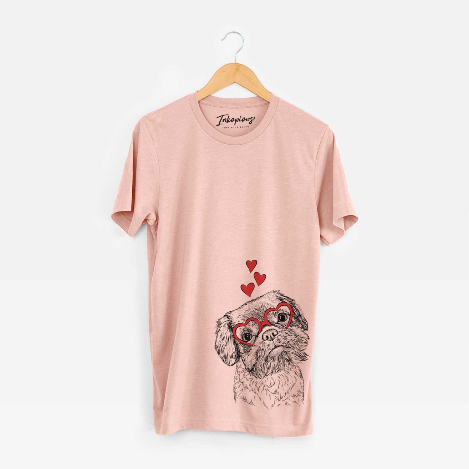 Hand-drawn sketch of Rufus the Shiffon wearing heart-shaped glasses on a Peach Unisex crewneck