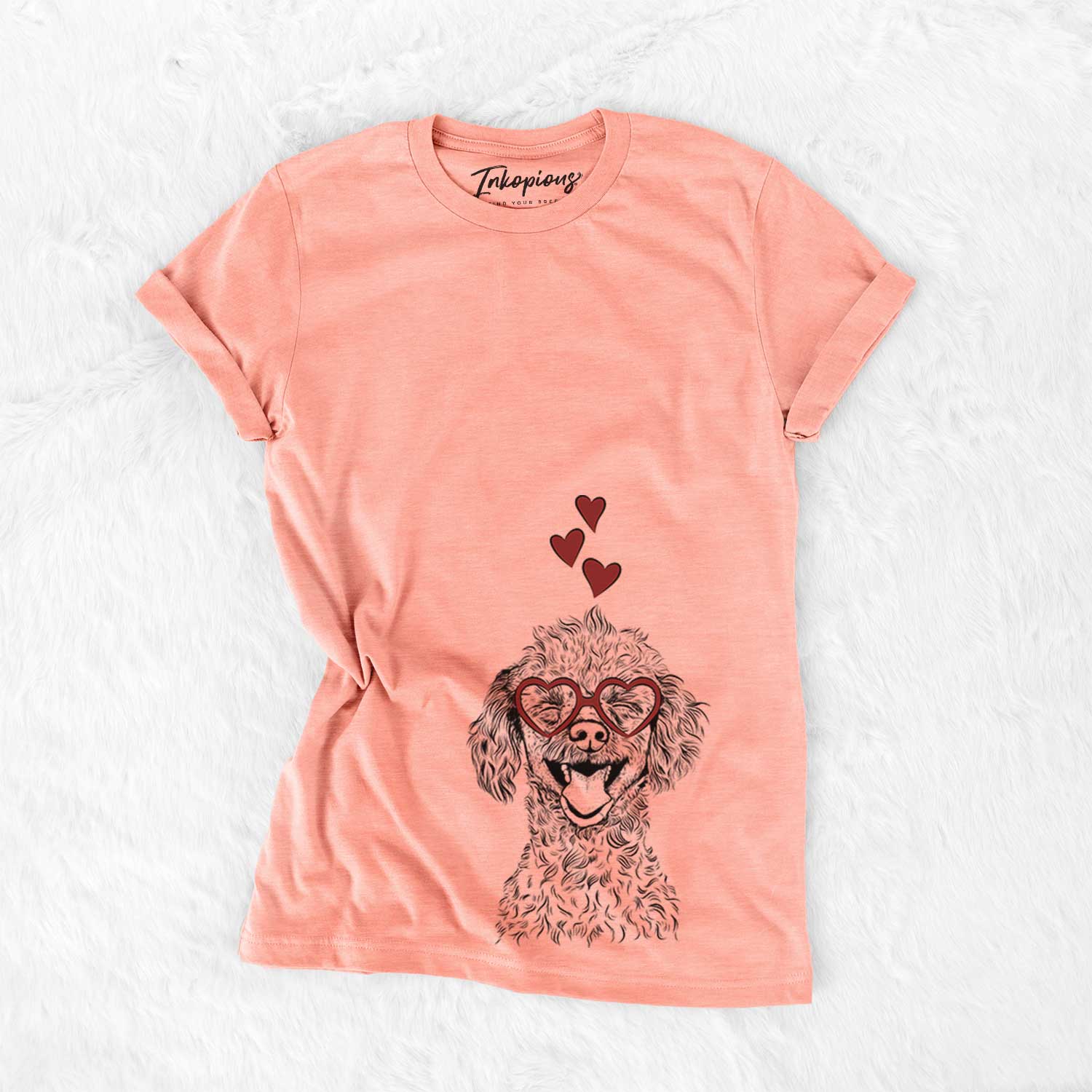 Hand-drawn sketch of Rusty the Toy Poodle wearing heart-shaped glasses on a Sunset Bella Canvas Unisex Crewneck