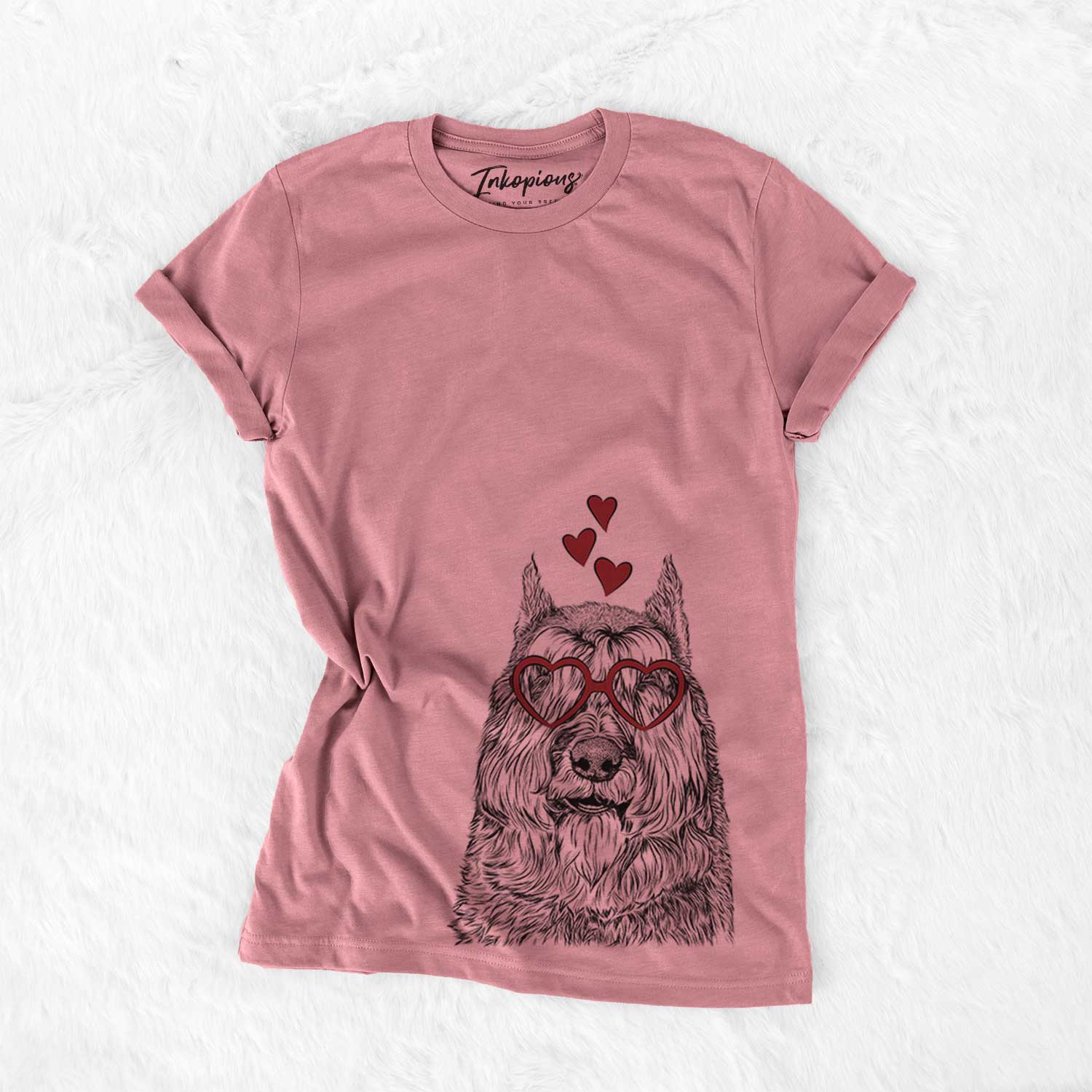 Hand-drawn sketch of Sabre the Bouvier des Flandres wearing heart-shaped glasses on a Mauve Bella Canvas Unisex Crewneck