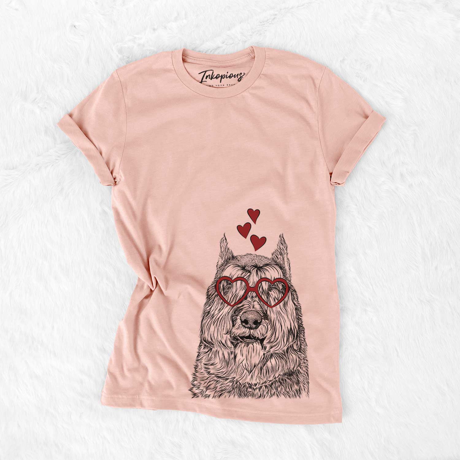 Hand-drawn sketch of Sabre the Bouvier des Flandres wearing heart-shaped glasses on a Peach Bella Canvas Unisex Crewneck