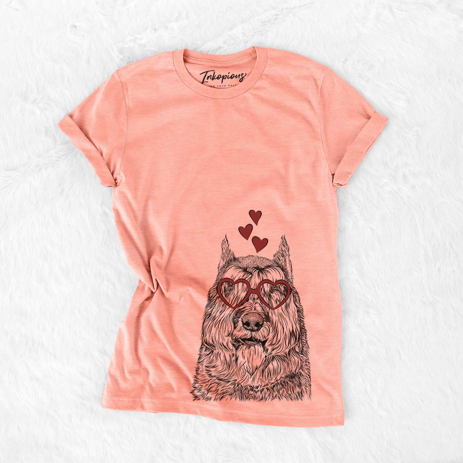 Hand-drawn sketch of Sabre the Bouvier des Flandres wearing heart-shaped glasses on a Sunset Bella Canvas Unisex Crewneck