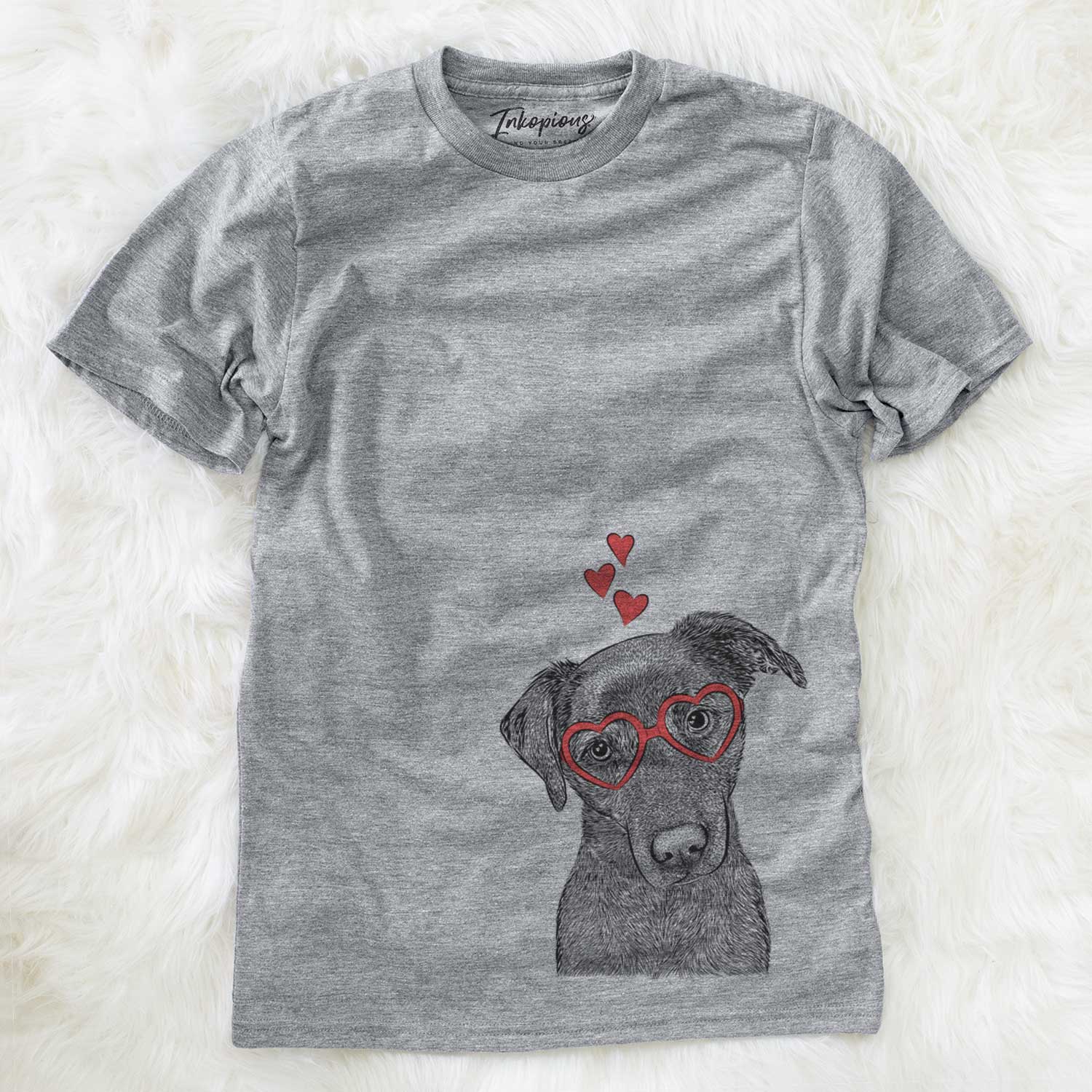 Hand-drawn sketch of Sadie the Whipador wearing heart-shaped glasses on a Grey Unisex crewneck
