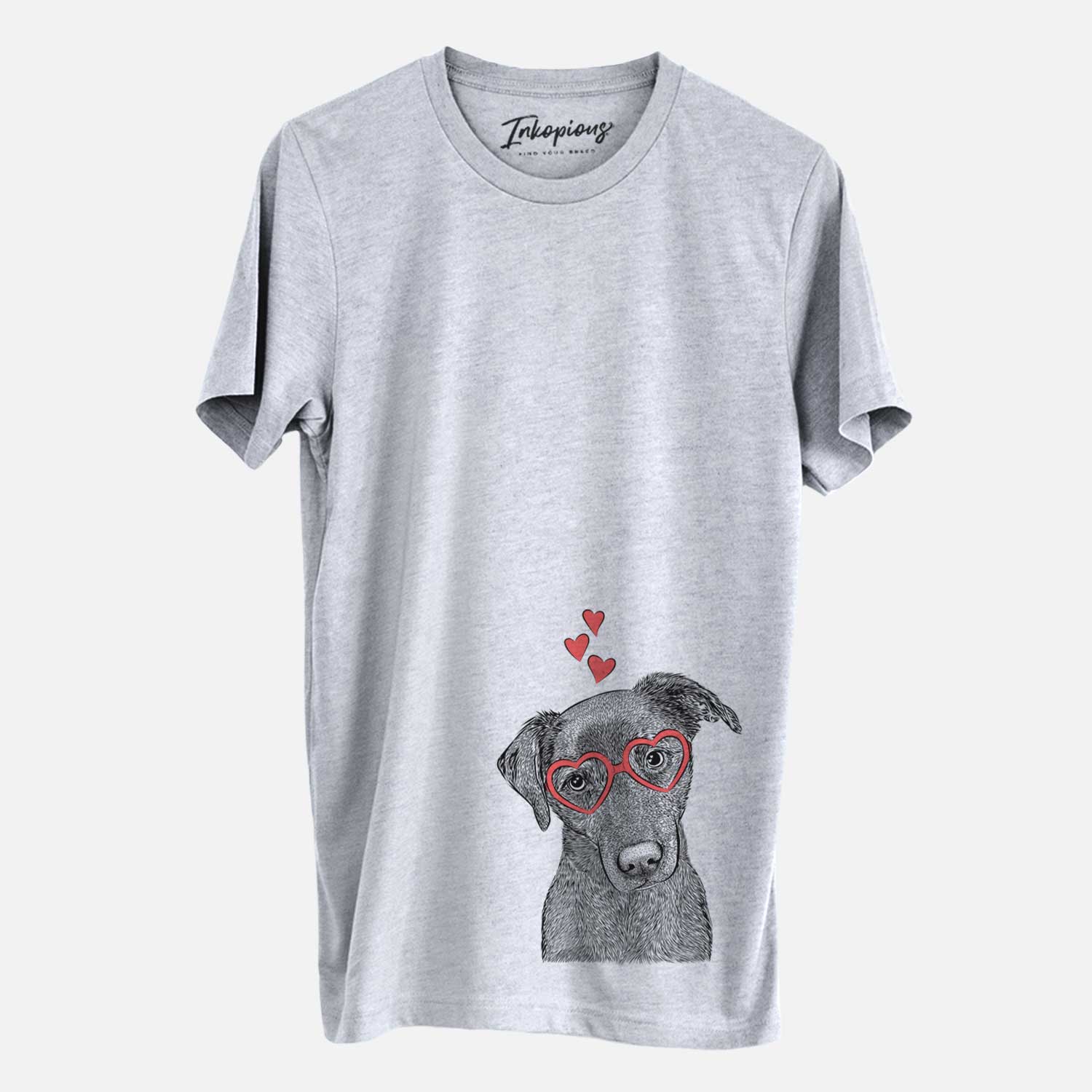 Hand-drawn sketch of Sadie the Whipador wearing heart-shaped glasses on a Grey Unisex crewneck