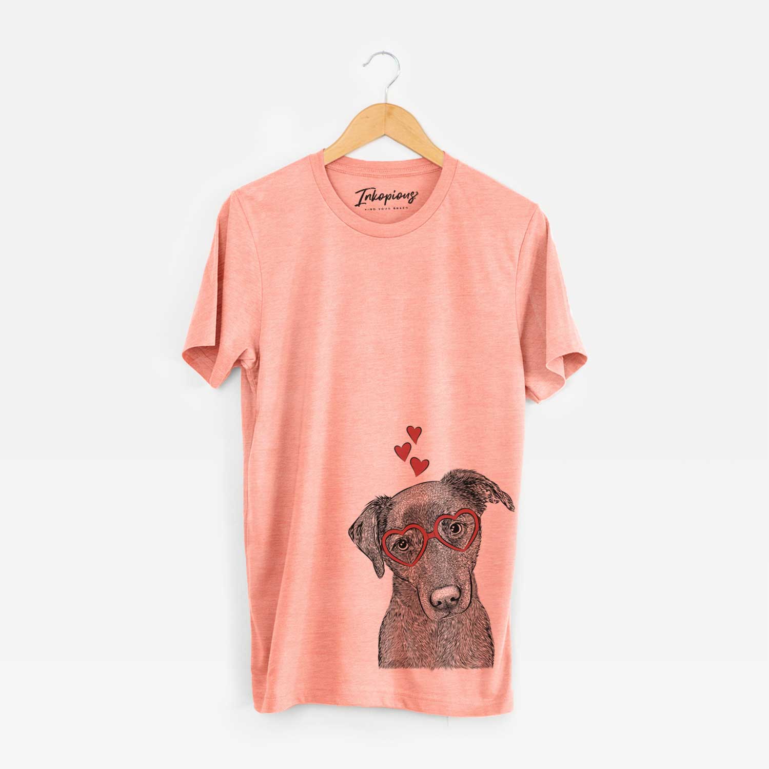 Hand-drawn sketch of Sadie the Whipador wearing heart-shaped glasses on a Sunset Unisex crewneck