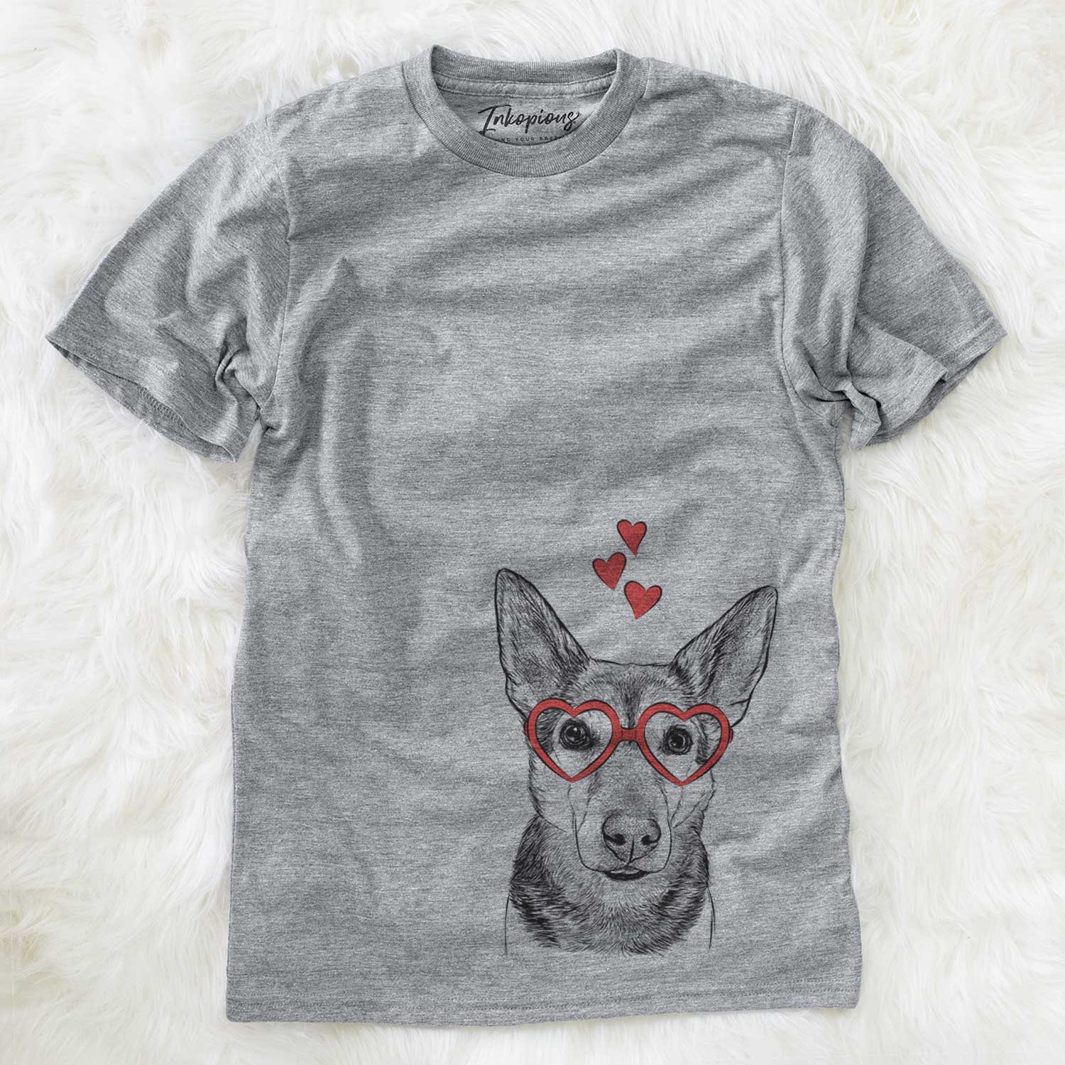 Hand-drawn sketch of Sammie the Mixed Breed wearing heart-shaped glasses on a Grey Unisex crewneck