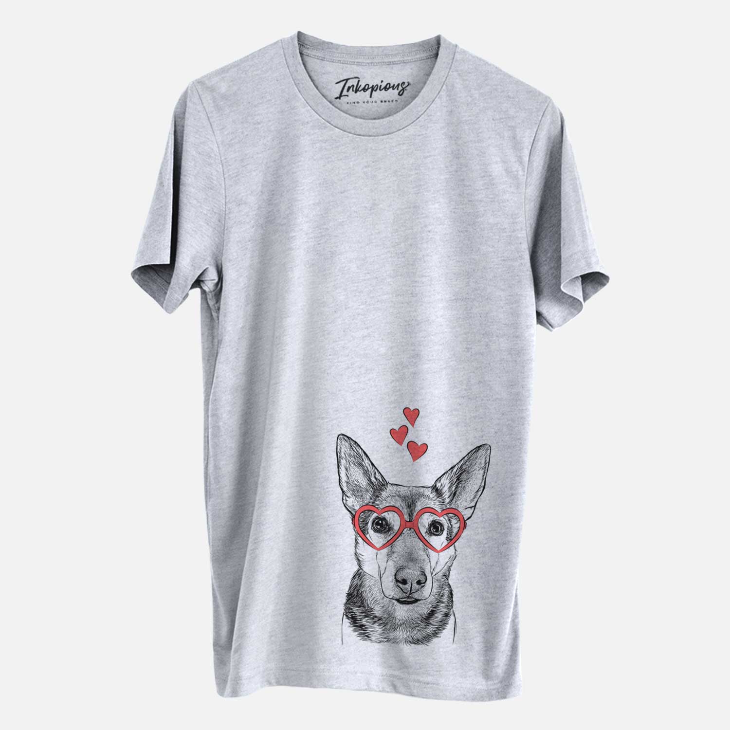 Hand-drawn sketch of Sammie the Mixed Breed wearing heart-shaped glasses on a Grey Unisex crewneck