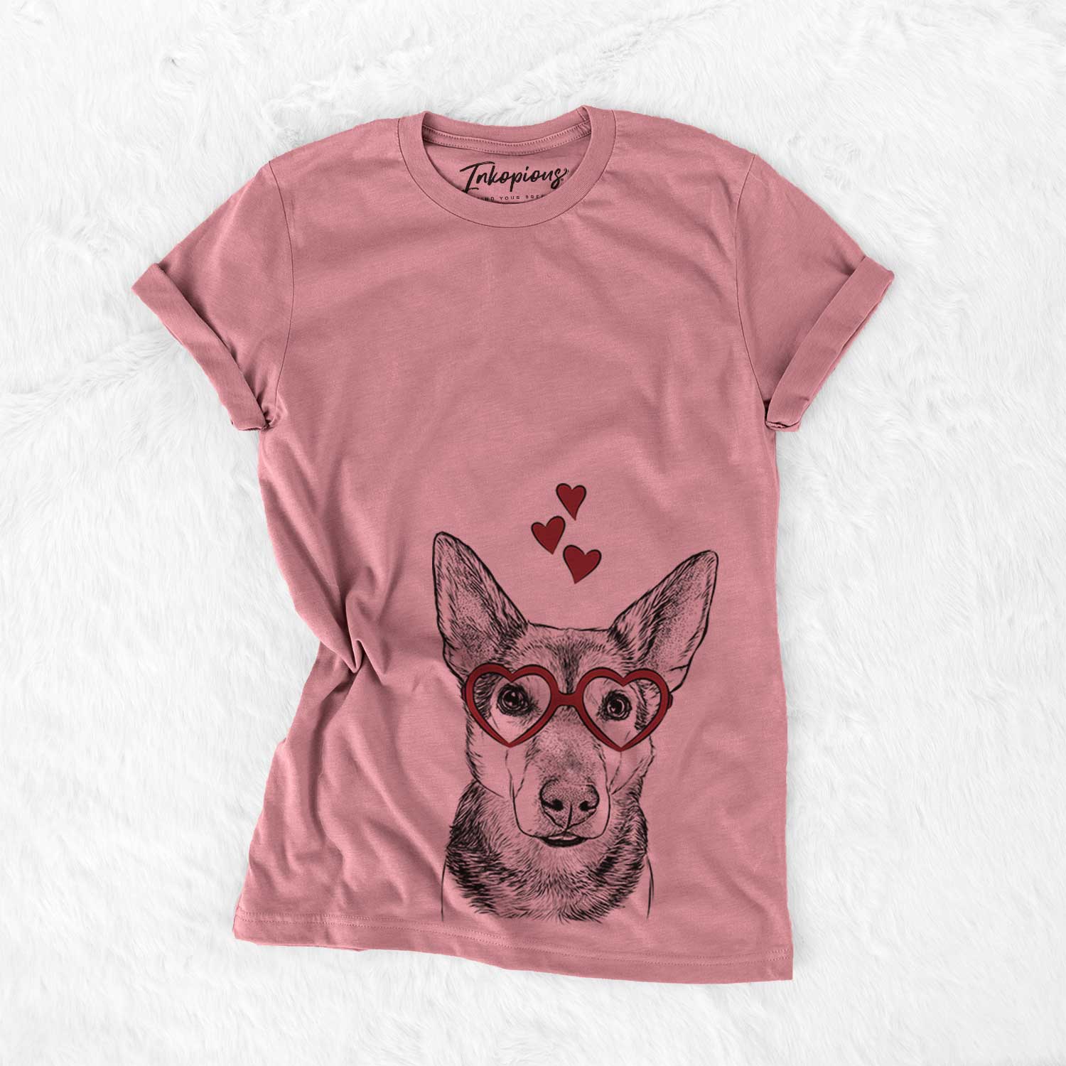 Hand-drawn sketch of Sammie the Mixed Breed wearing heart-shaped glasses on a Mauve Bella Canvas Unisex Crewneck