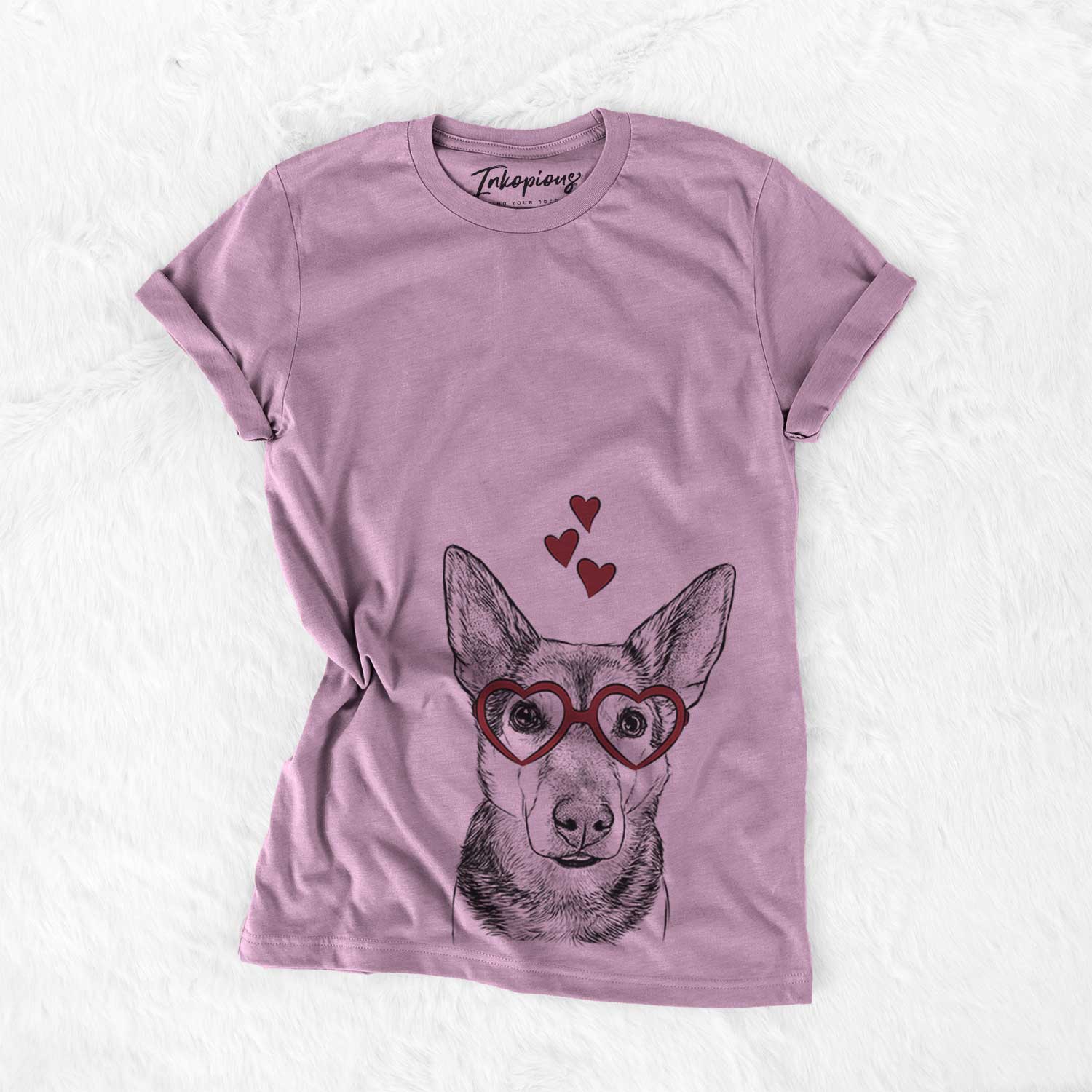 Hand-drawn sketch of Sammie the Mixed Breed wearing heart-shaped glasses on an Orchid Bella Canvas Unisex Crewneck