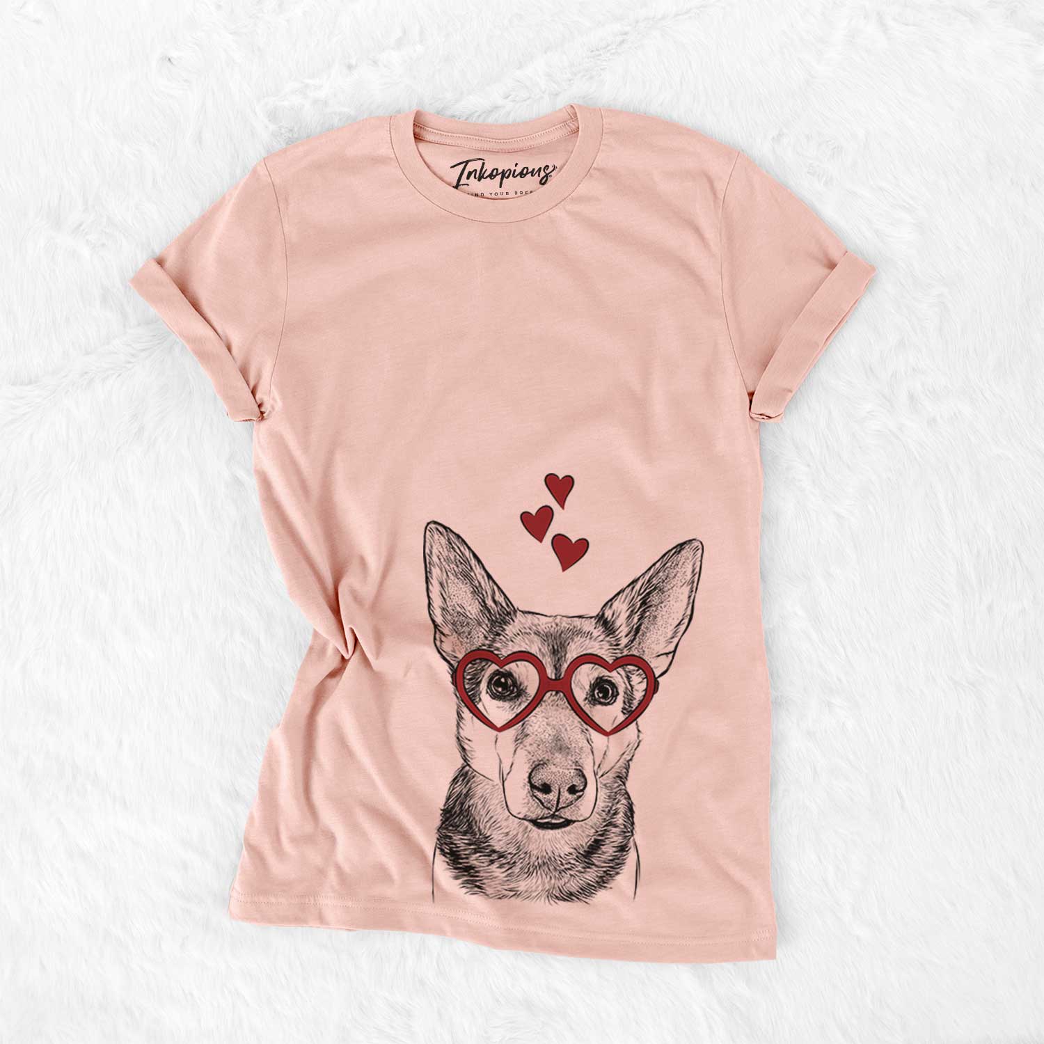 Hand-drawn sketch of Sammie the Mixed Breed wearing heart-shaped glasses on a Peach Bella Canvas Unisex Crewneck